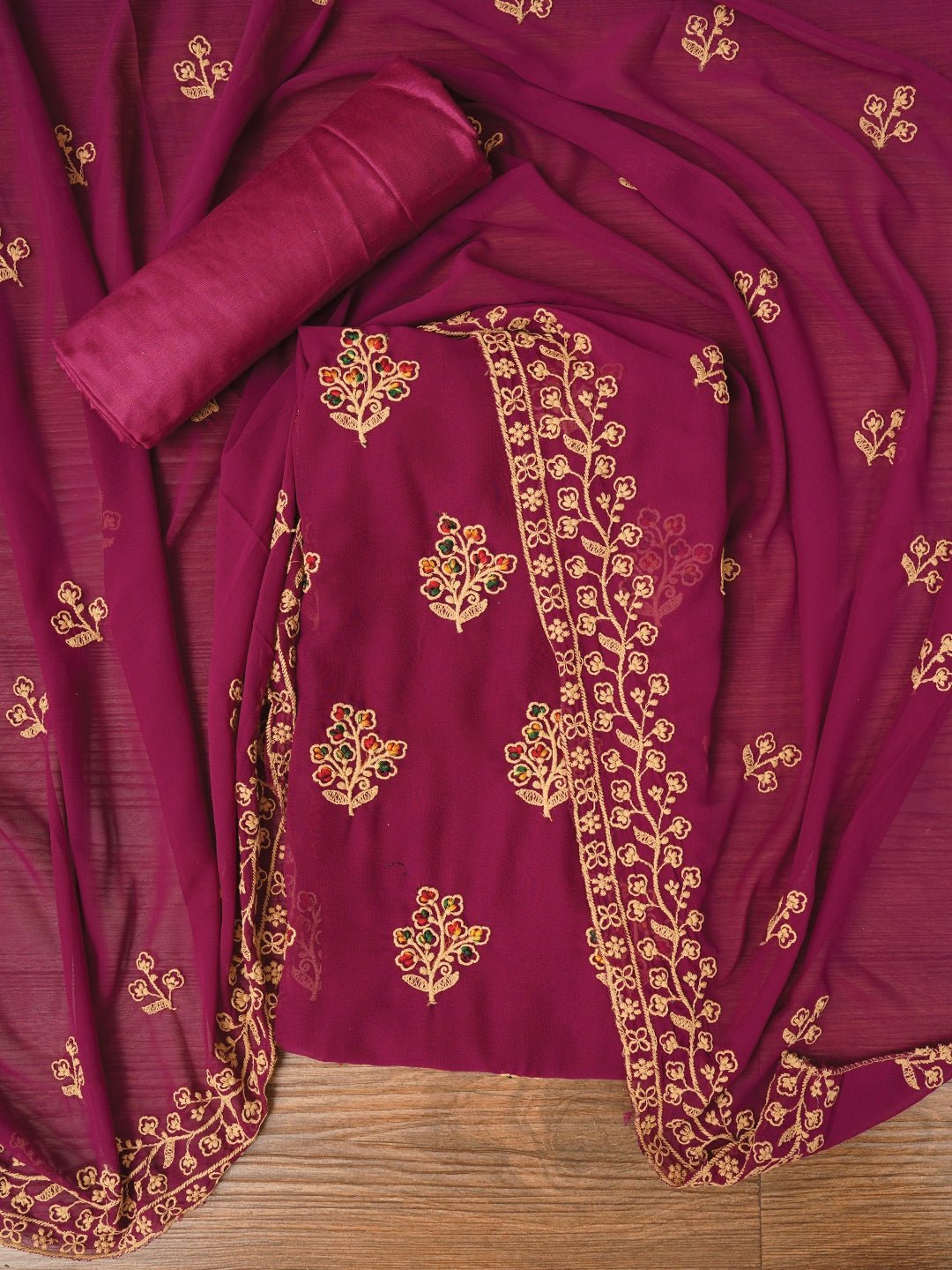 Zari Silk Georgette Purple Dress Material with Dupatta