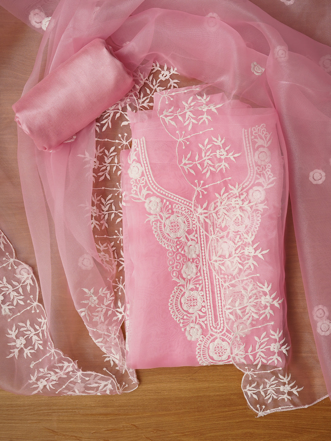 Baby Pink Thread Embroidered Organza Dress Material with Dupatta