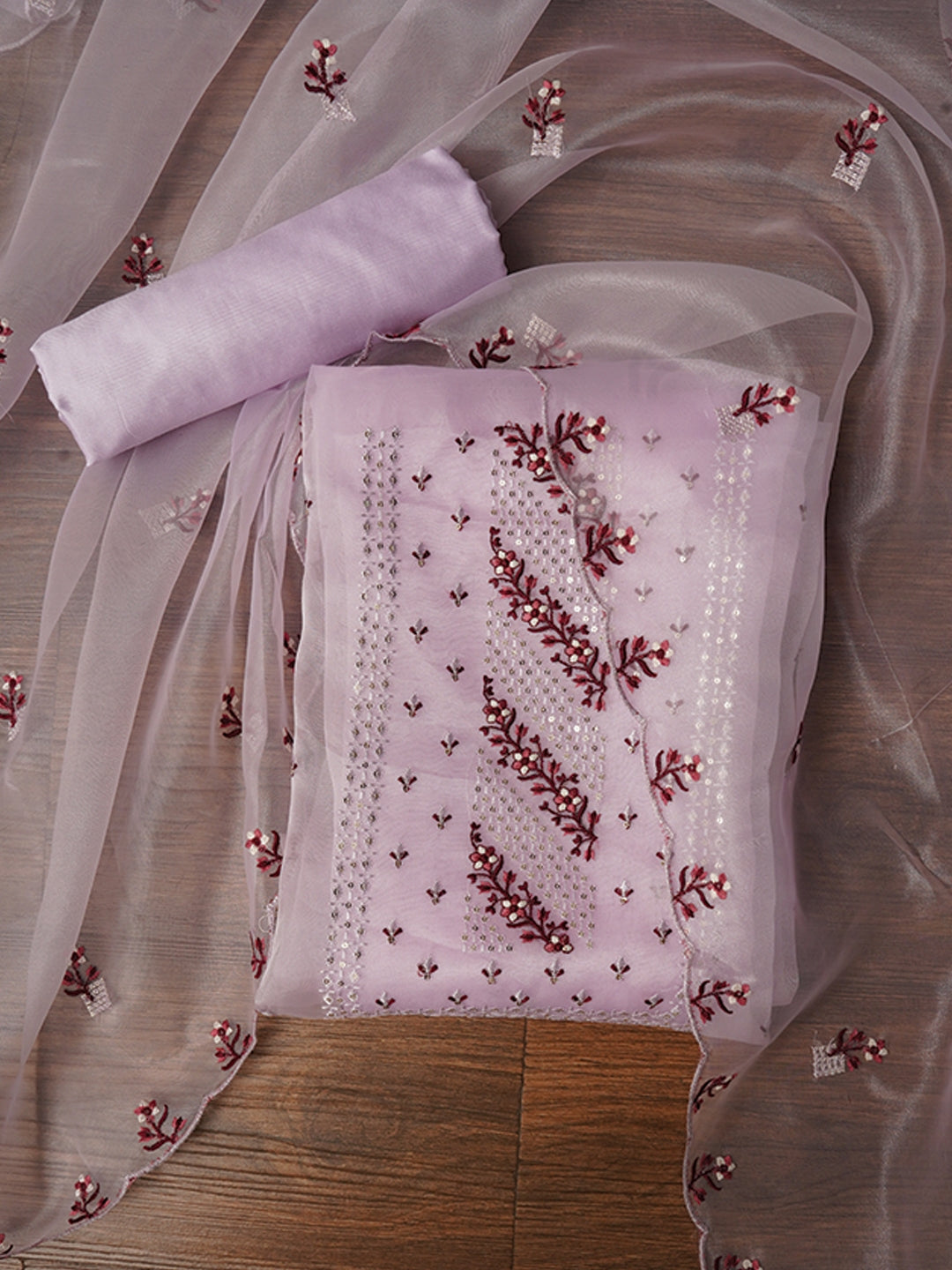 Lavender Zari Embroidered Organza Dress Material with Dupatta