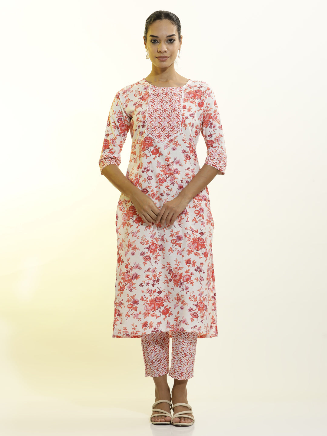 Orange Floral Printed Cotton Blend Kurta Set