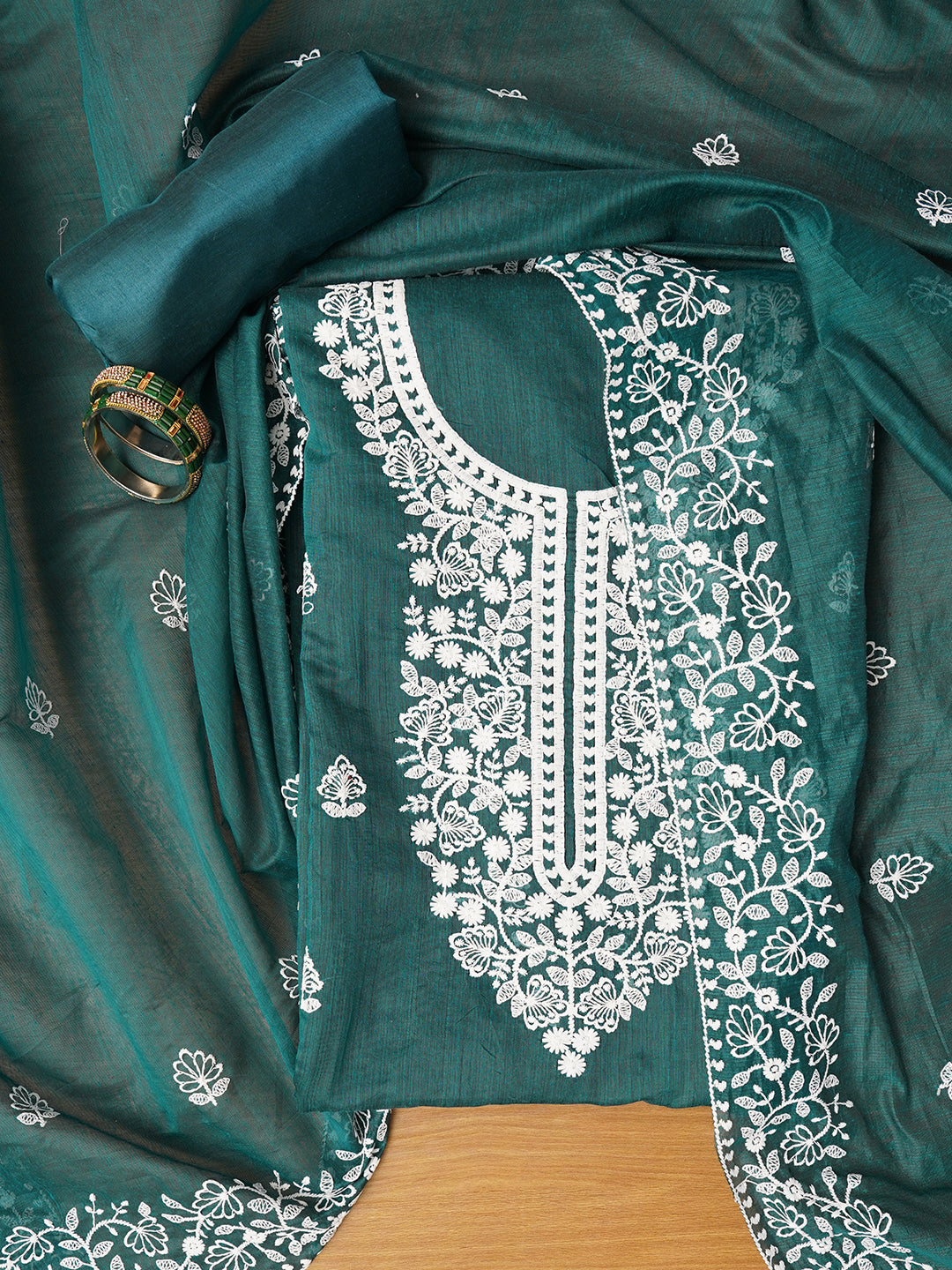 Unstitched Green Embroidered Cotton Blend Dress Material With Dupatta