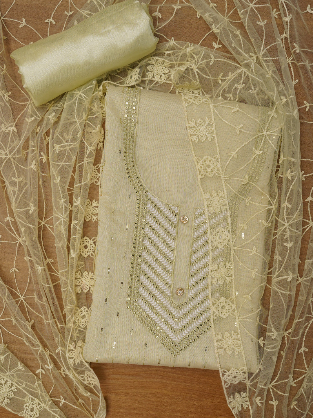 Light Green Unstitched Embroidered Cotton Blend Dress Material With Dupatta