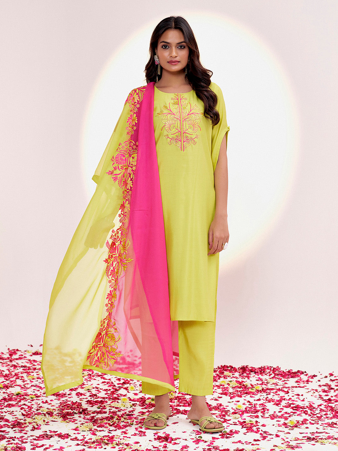 Lime Green Resham Embroidered Festive Kurta Set With Dupatta