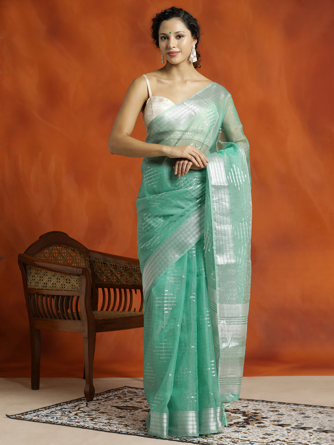 Seagreen Zari Woven Design Banarasi Organza Saree