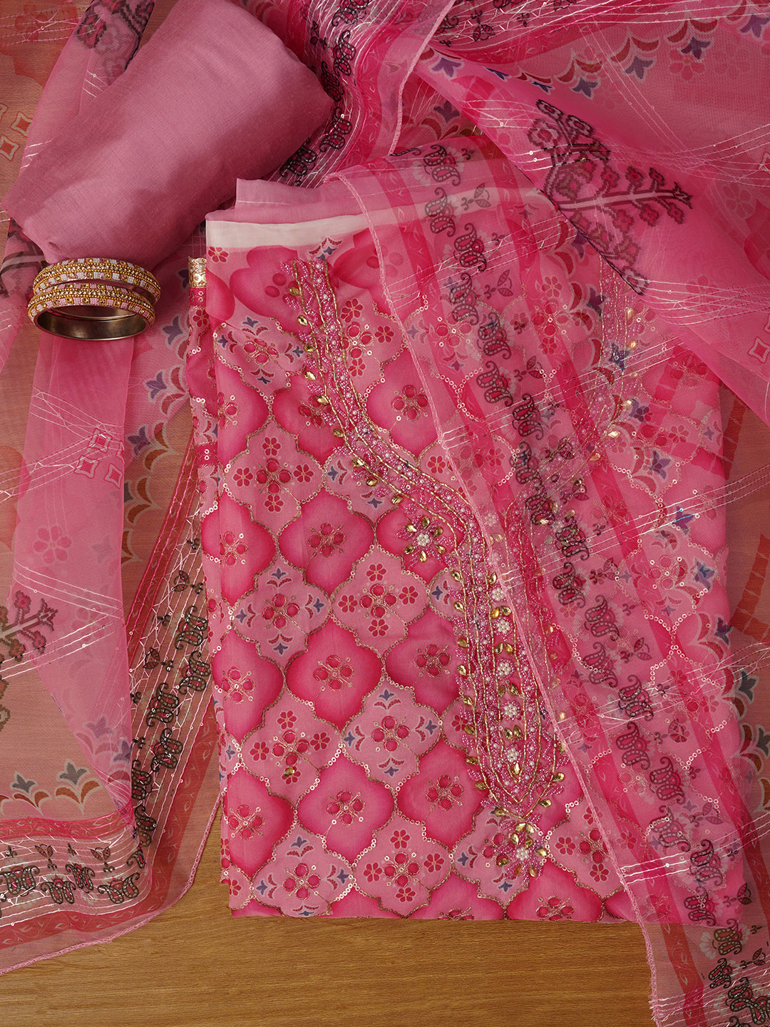 Unstitched Embroidered Organza Pink Dress Material With Dupatta