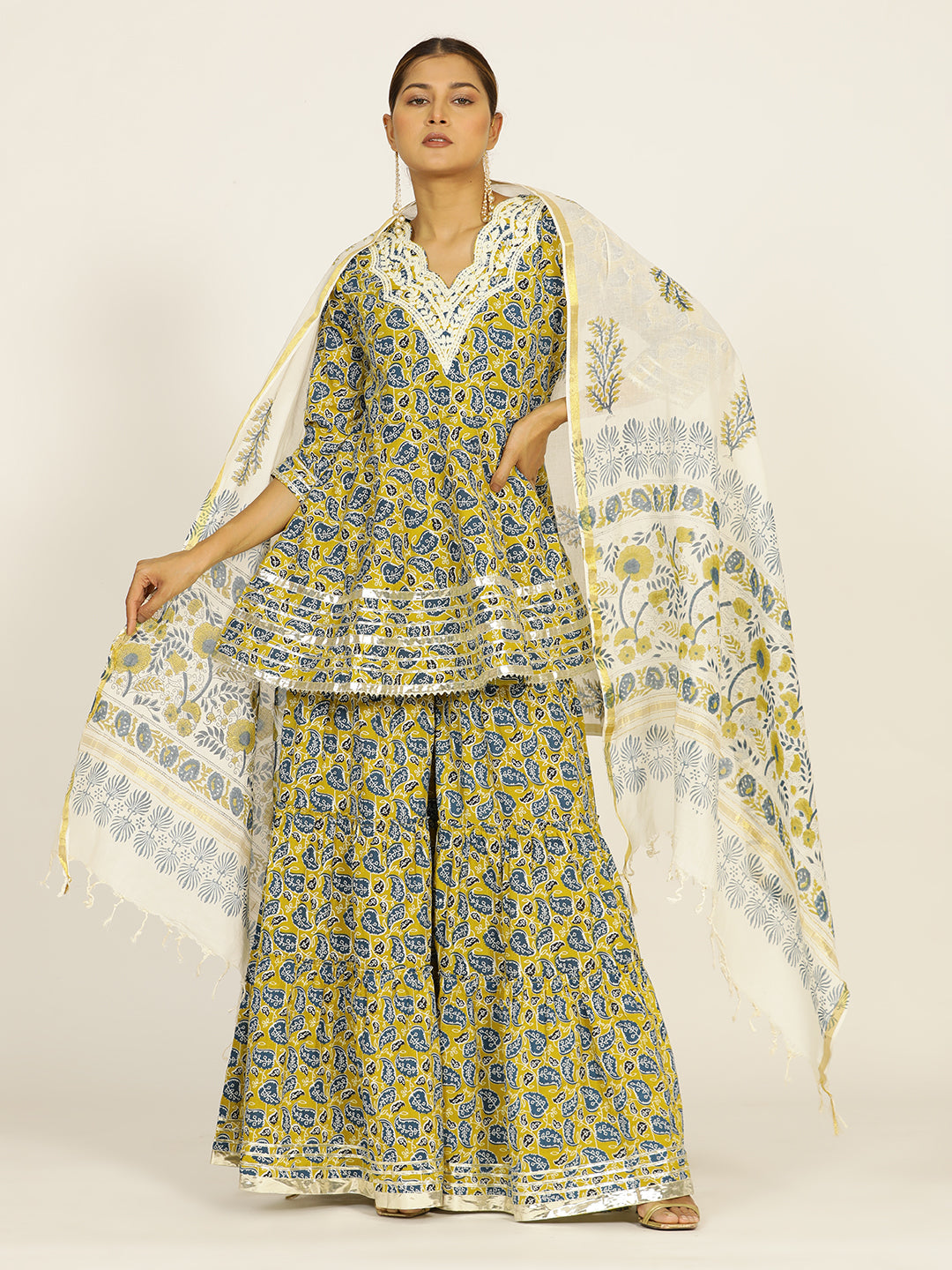 Mustard Handblock Pure Cotton Ethnic Printed Suit Set