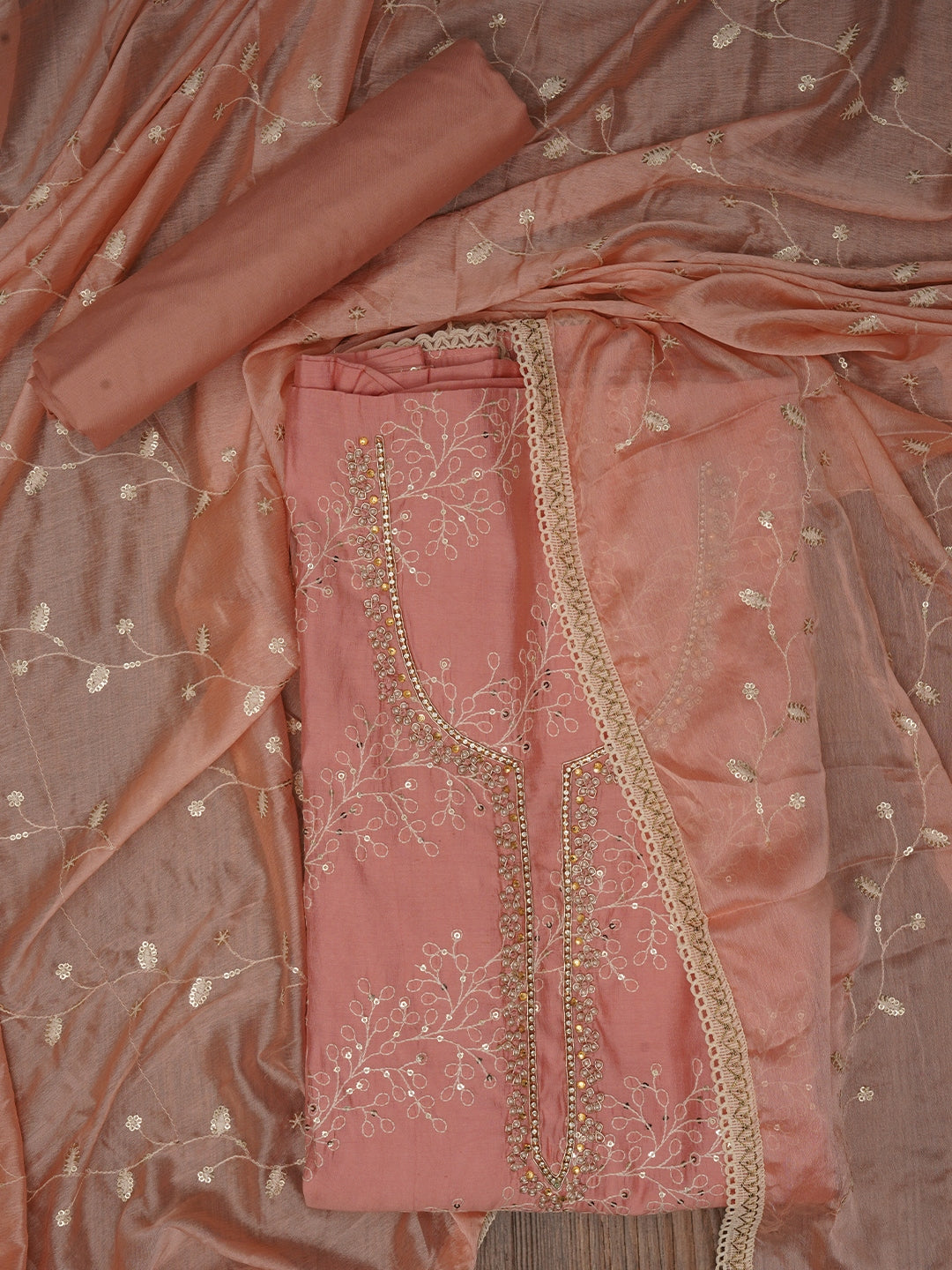 Peach Sequin Embroidered Pure Cotton Dress Material with Dupatta