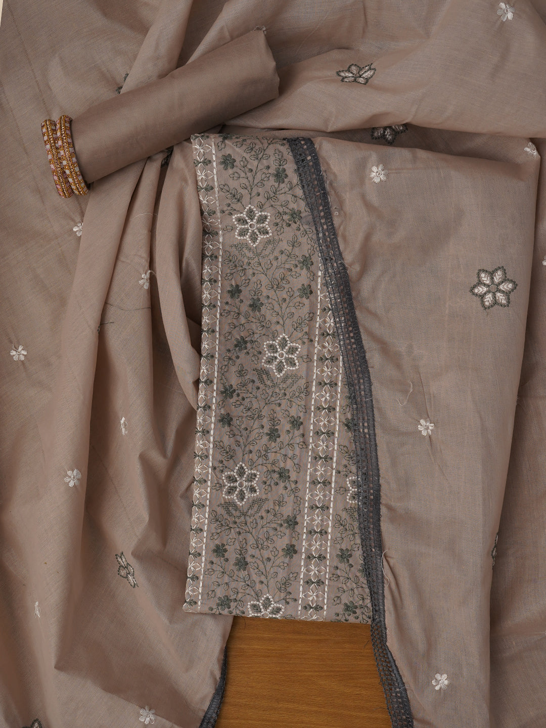 Grey Unstitched Embroidered Pure Cotton Dress Material With Dupatta