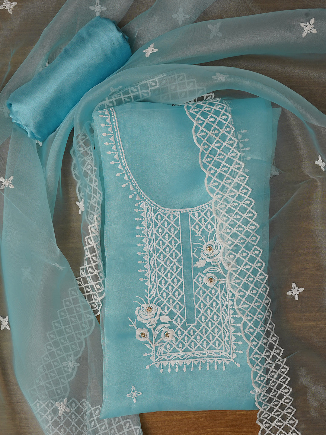 Unstitched Embroidered Organza Sky Blue Dress Material With Dupatta