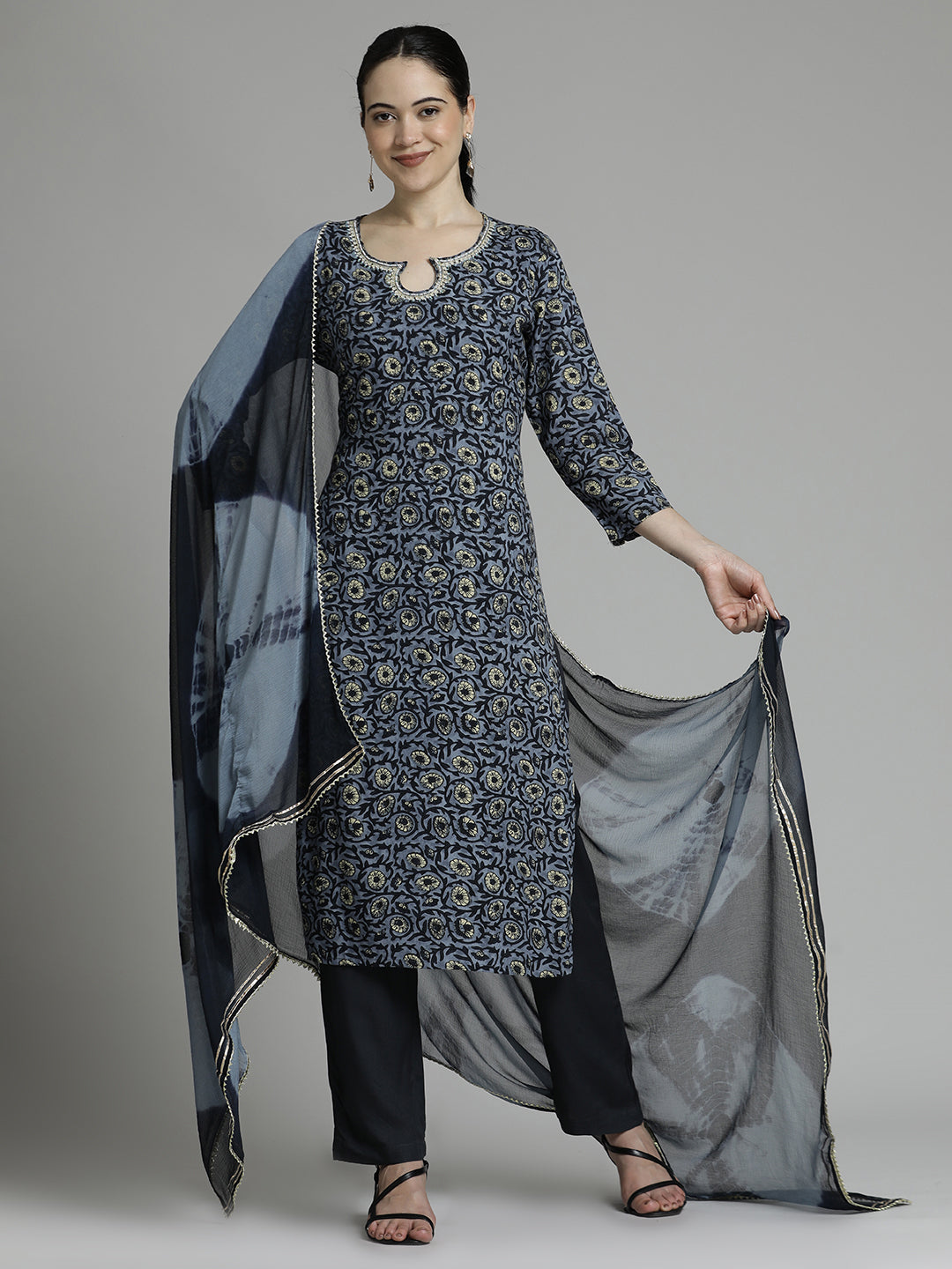 Dark Grey Floral Printed Kurta Set With Tie-Dye Dupatta