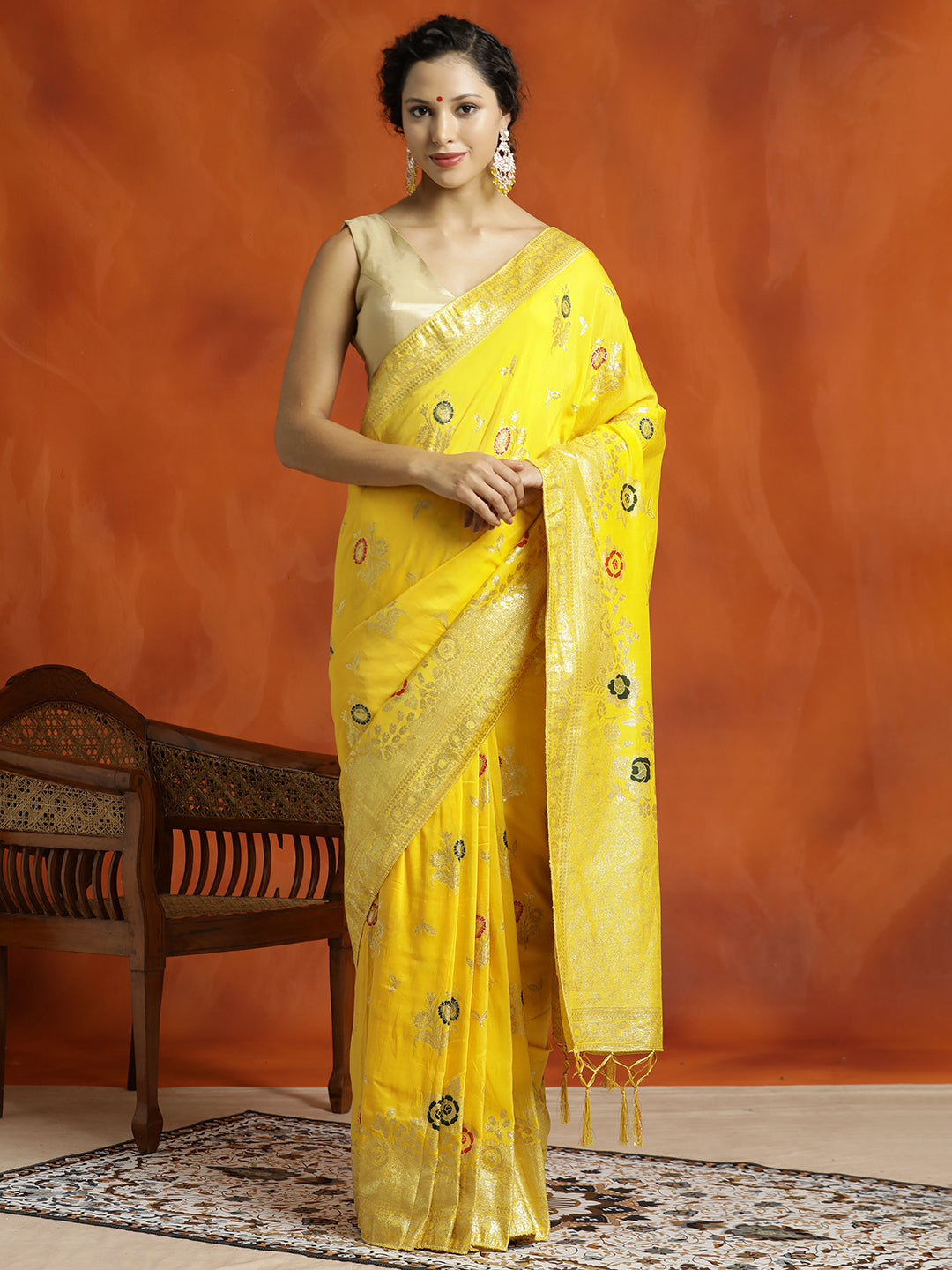 Yellow Silk Banarasi Floral Zari Woven Design Heavy Saree