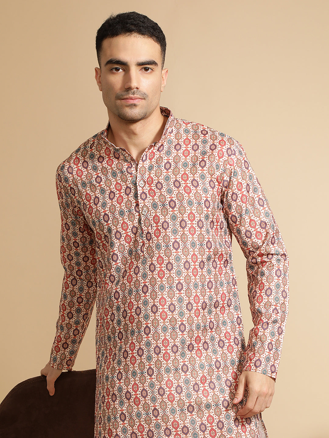 Beige Geometric Printed Cotton Kurta for Men