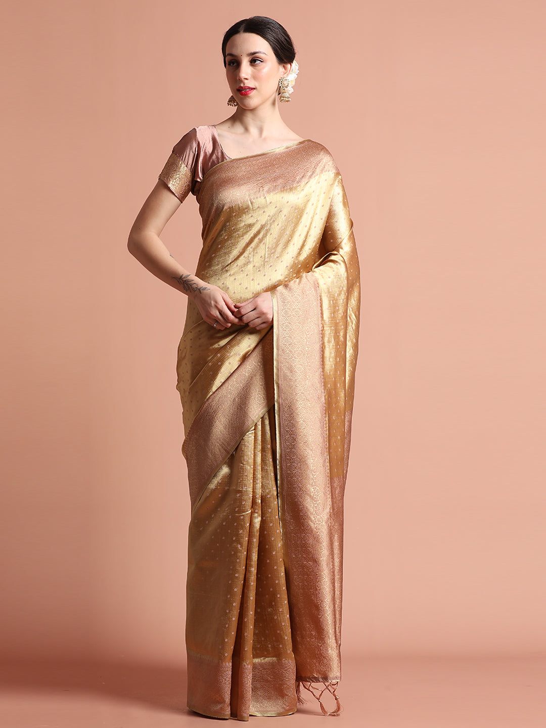 Peach Silk Banarasi Zari Woven Party Wear Saree