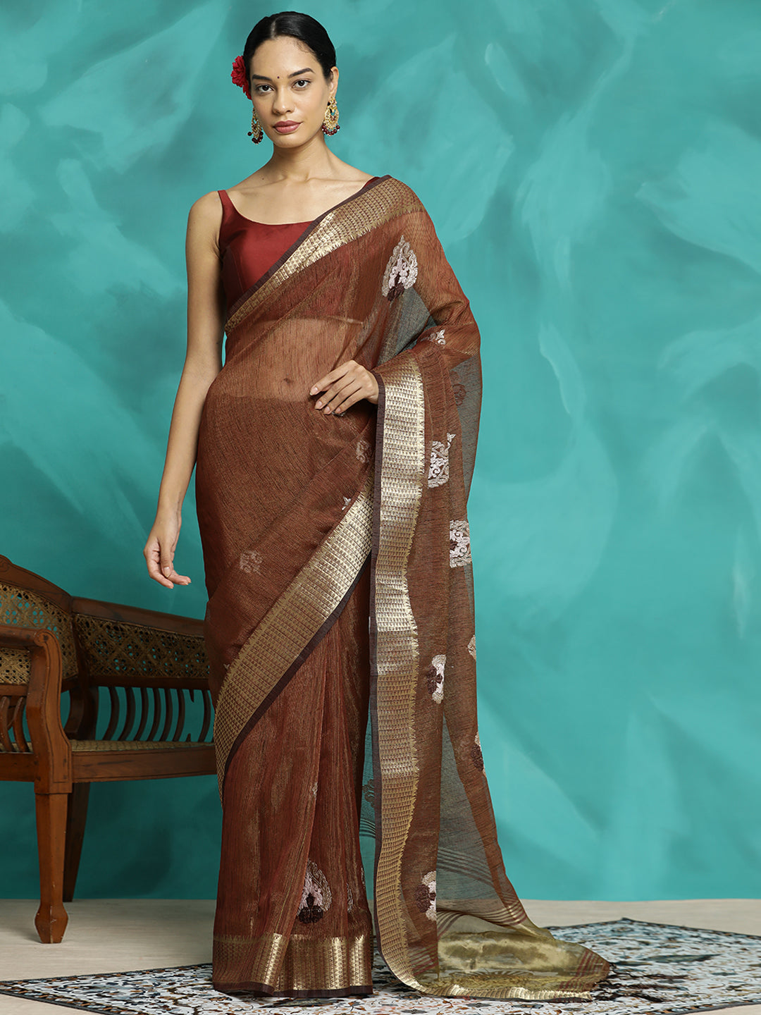 Party Wear Banarasi Organza Brown Saree