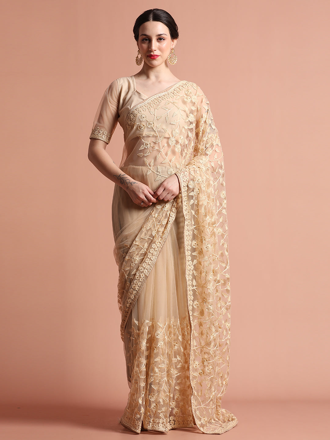 Beige Party Wear Floral Embroidered Net Saree