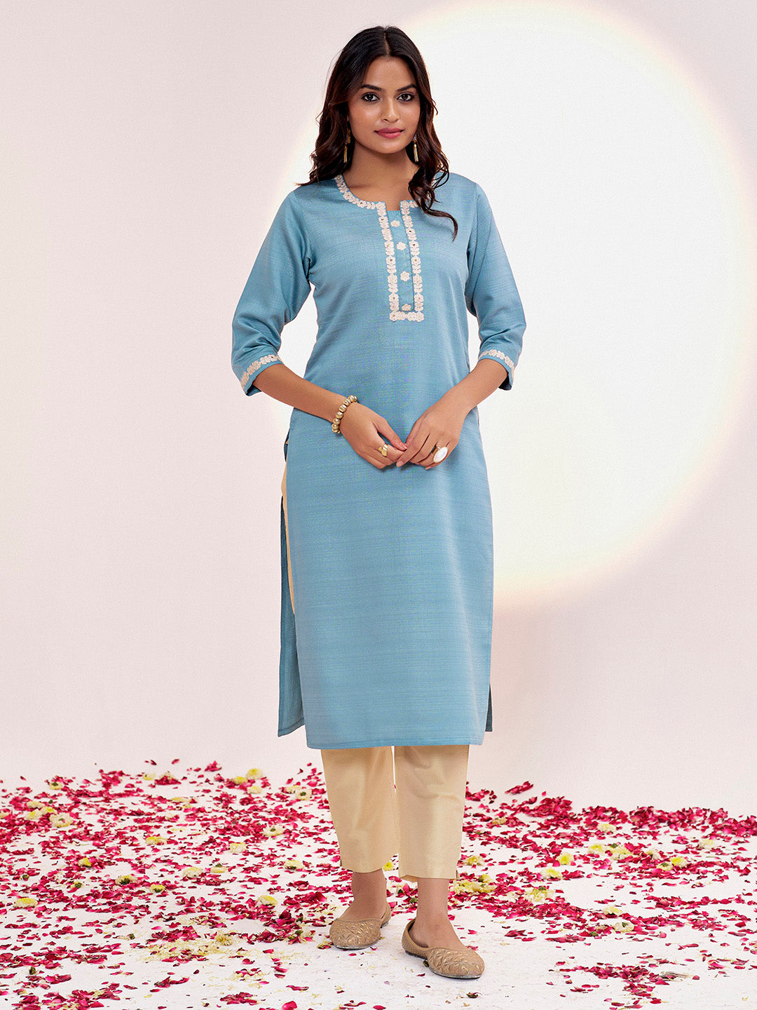 Blue Self Woven Dori Embroidered Kurta Set