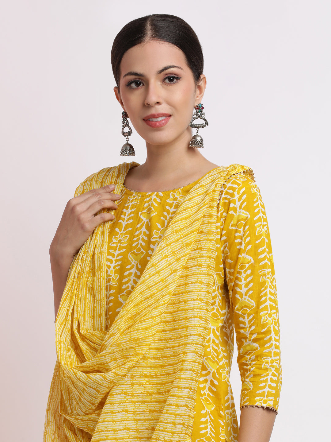 Festive Floral Printed Cotton Kurta Set With Dupatta