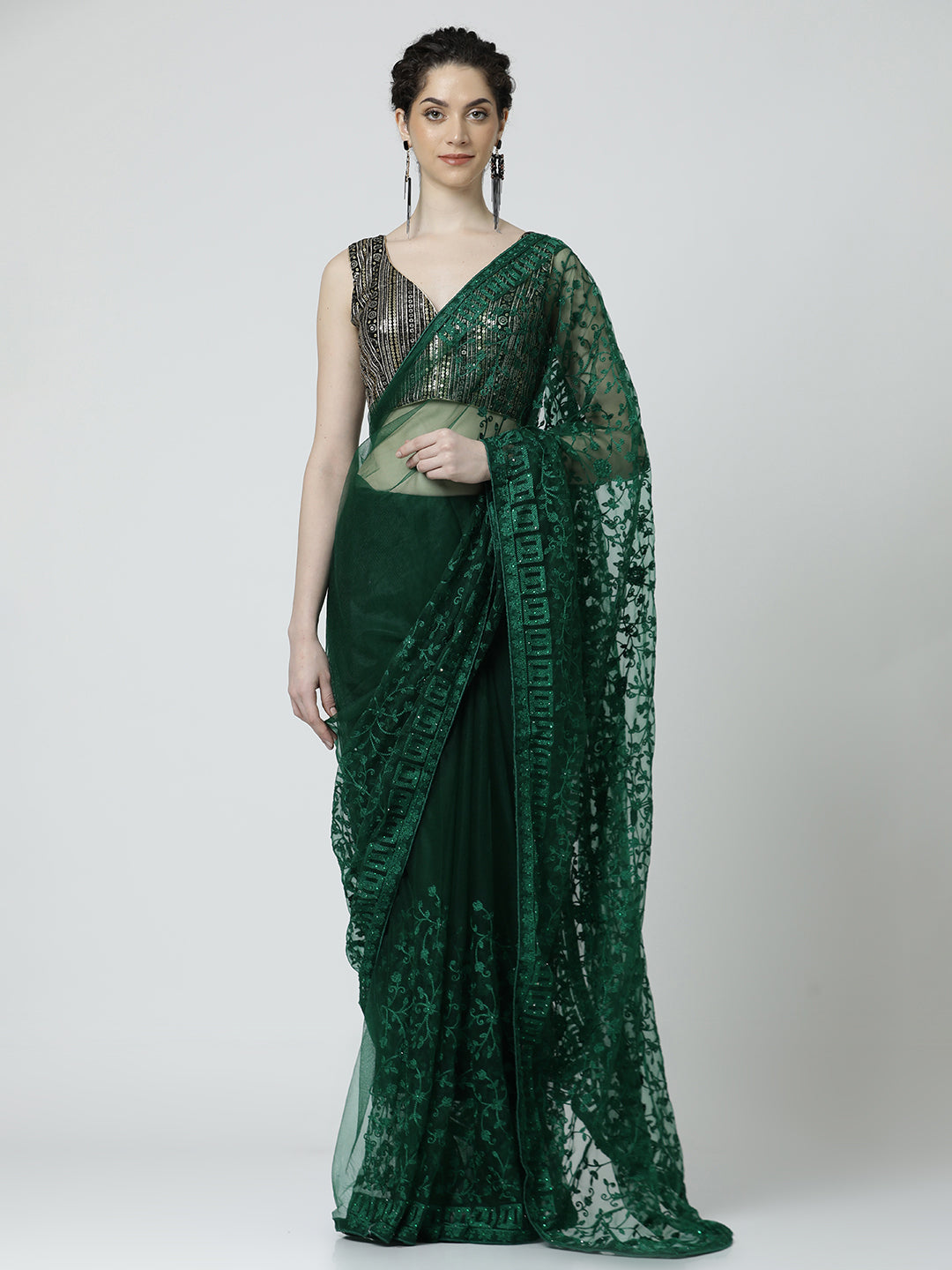 Floral Embroidered Net Party Wear Green Saree