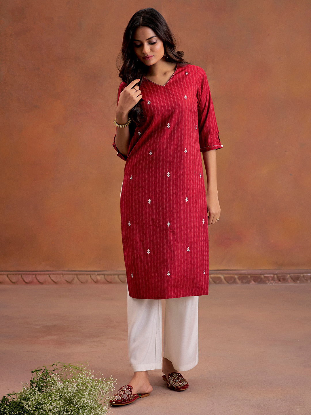 Maroon Self Woven Embroidered Straight Kurta