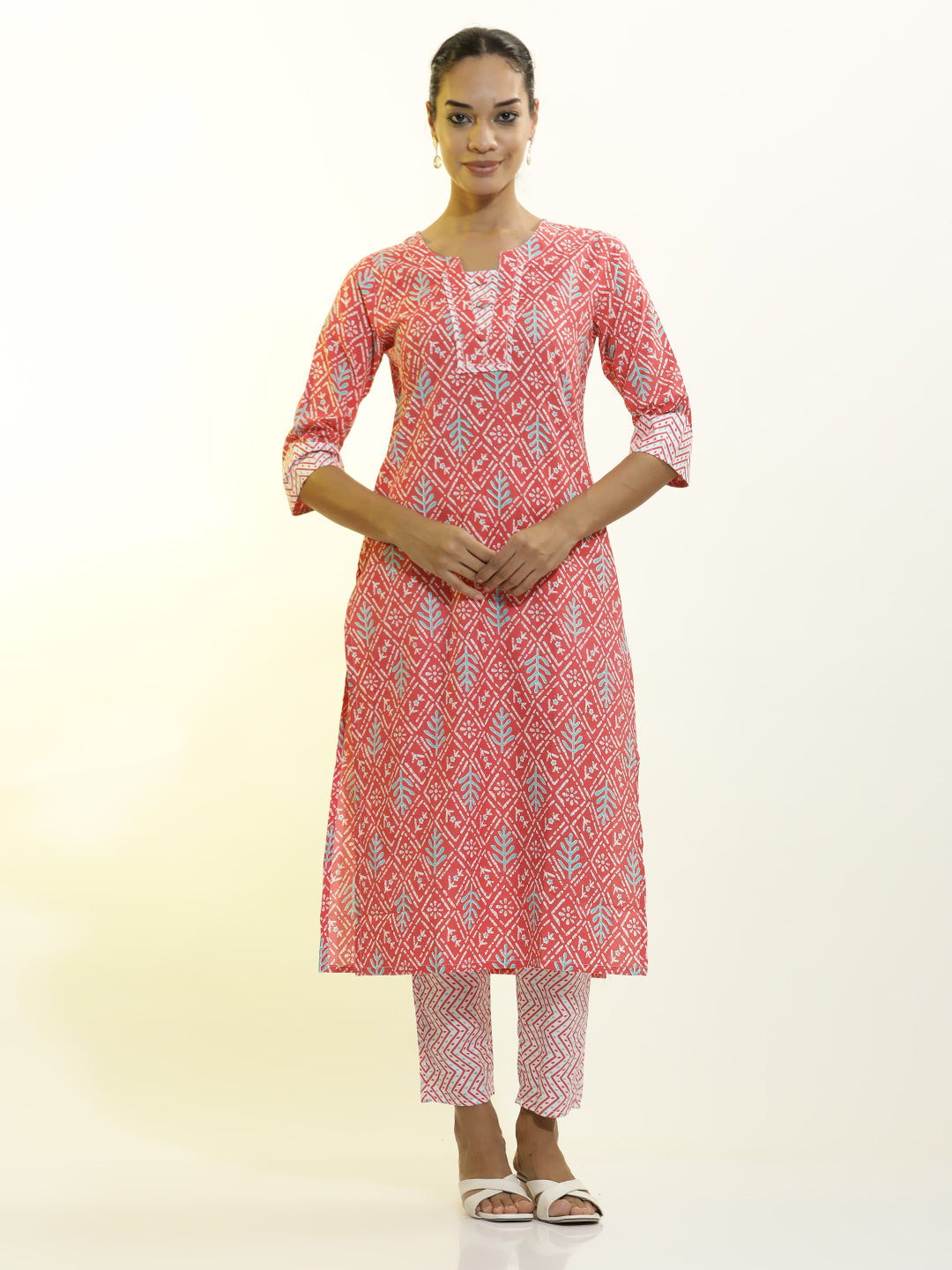 Pink Cotton Printed Straight Kurta Set