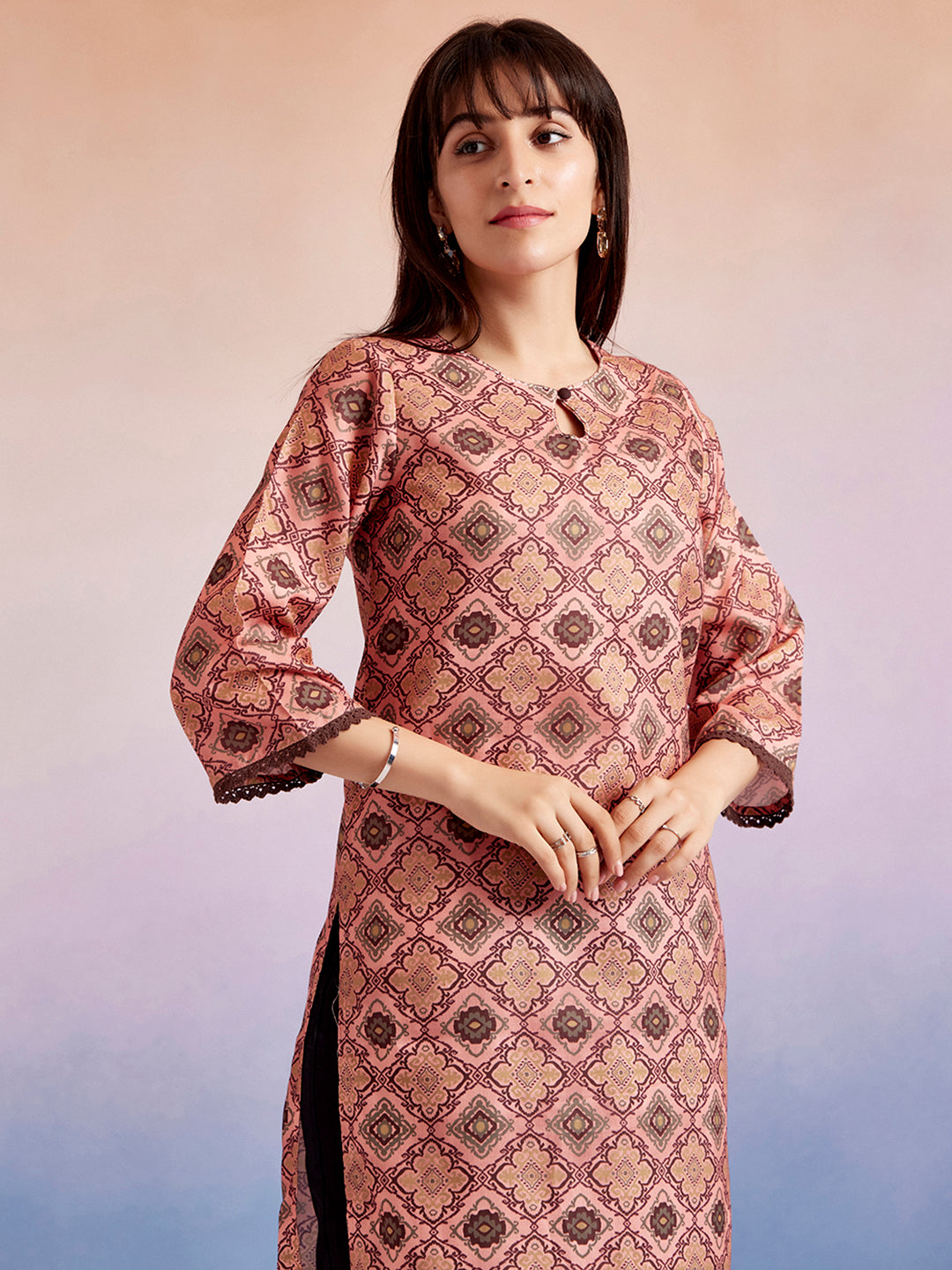 Peach Moroccan Printed Straight Kurta