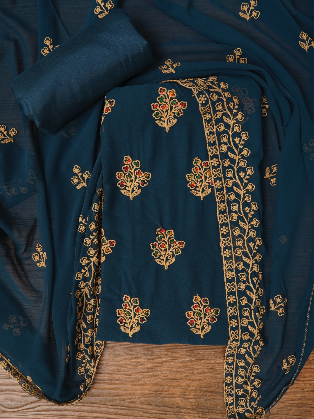 Teal Blue Zari Silk Georgette Dress Material with Dupatta