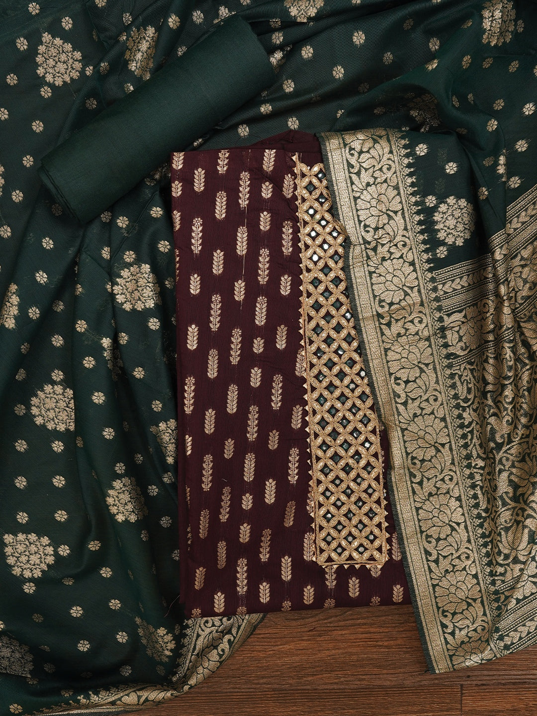 Burgundy Unstitched Silk Blend Embellished Dress Material With Dupatta