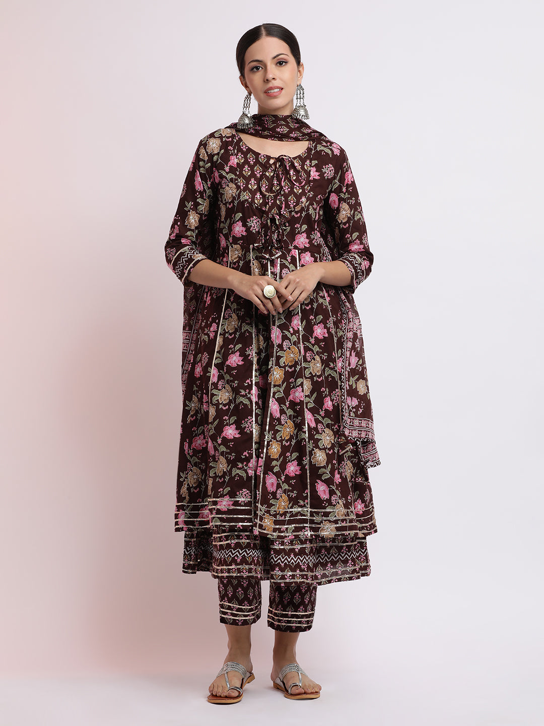 Brown Floral Printed Cotton Kurta Set With Dupatta