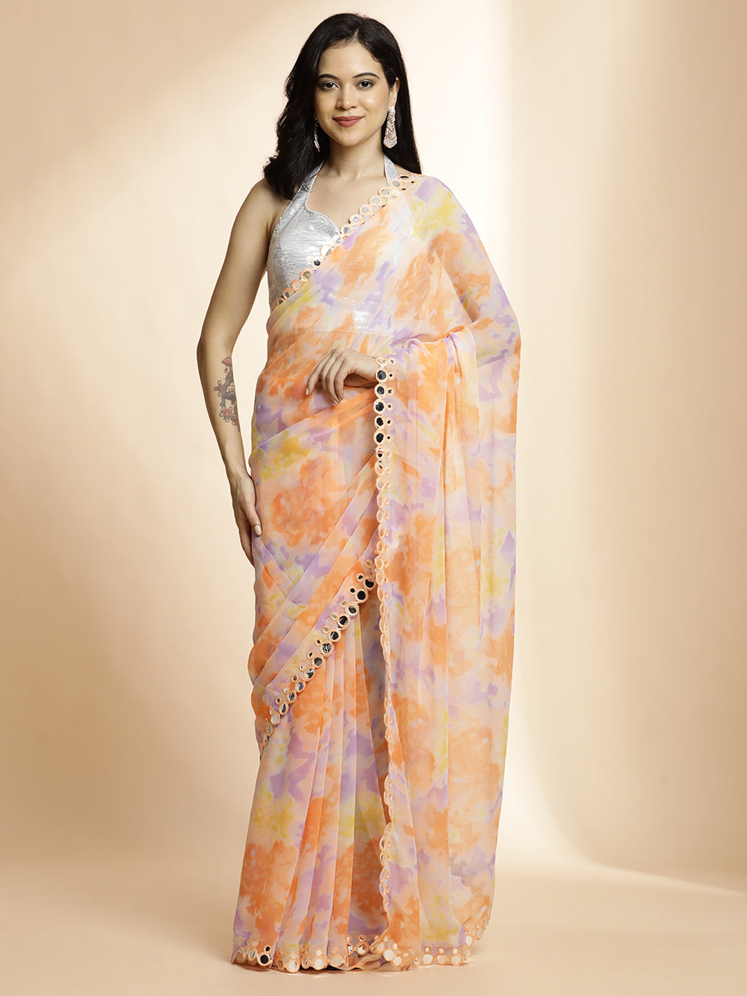 Peach Tie-Dye Mirror Work Pure Georgette Saree