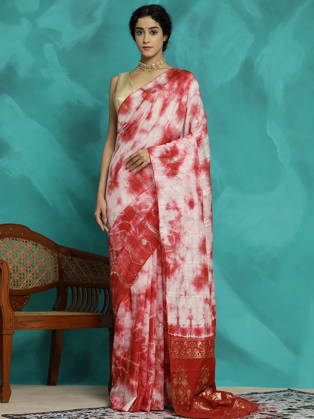 Tie-Dye Cotton Blend Red Banarasi Saree