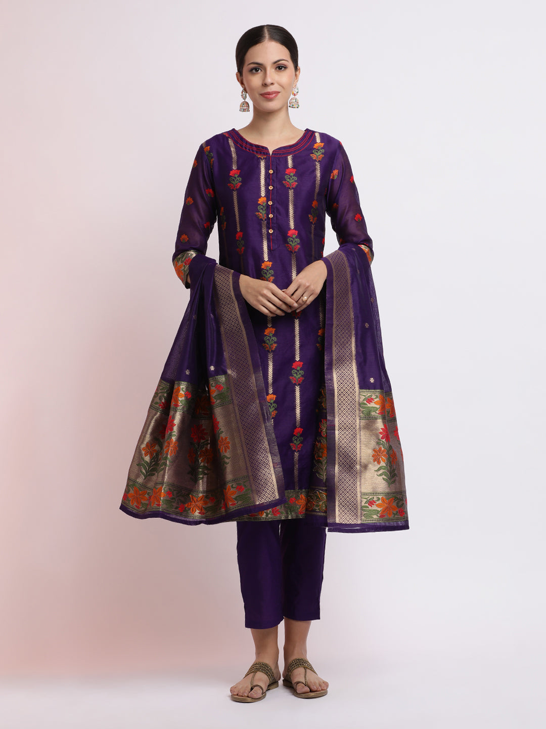 Purple Embroidered Jacquard Kurta Set With Dupatta