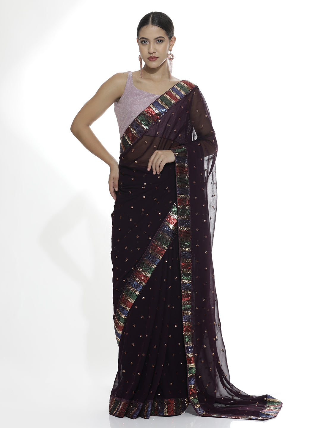 Party Wear Sequin Work Wine Georgette Saree