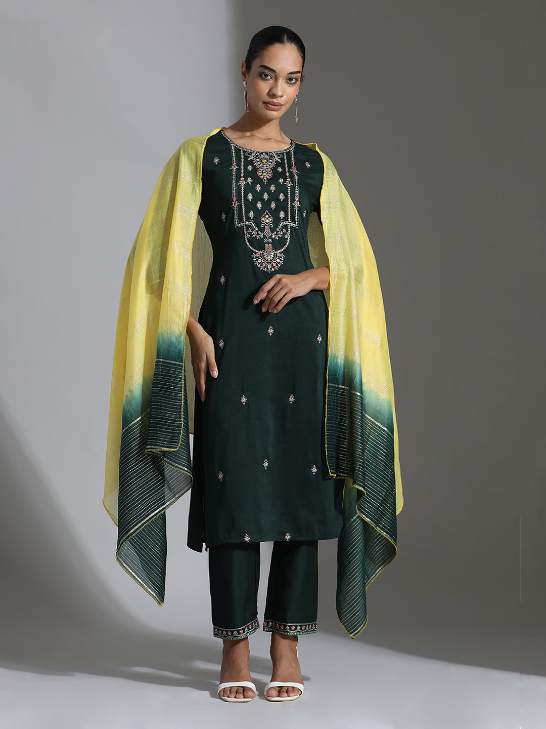 Green Embroidered Chinon Kurta Set With Dupatta