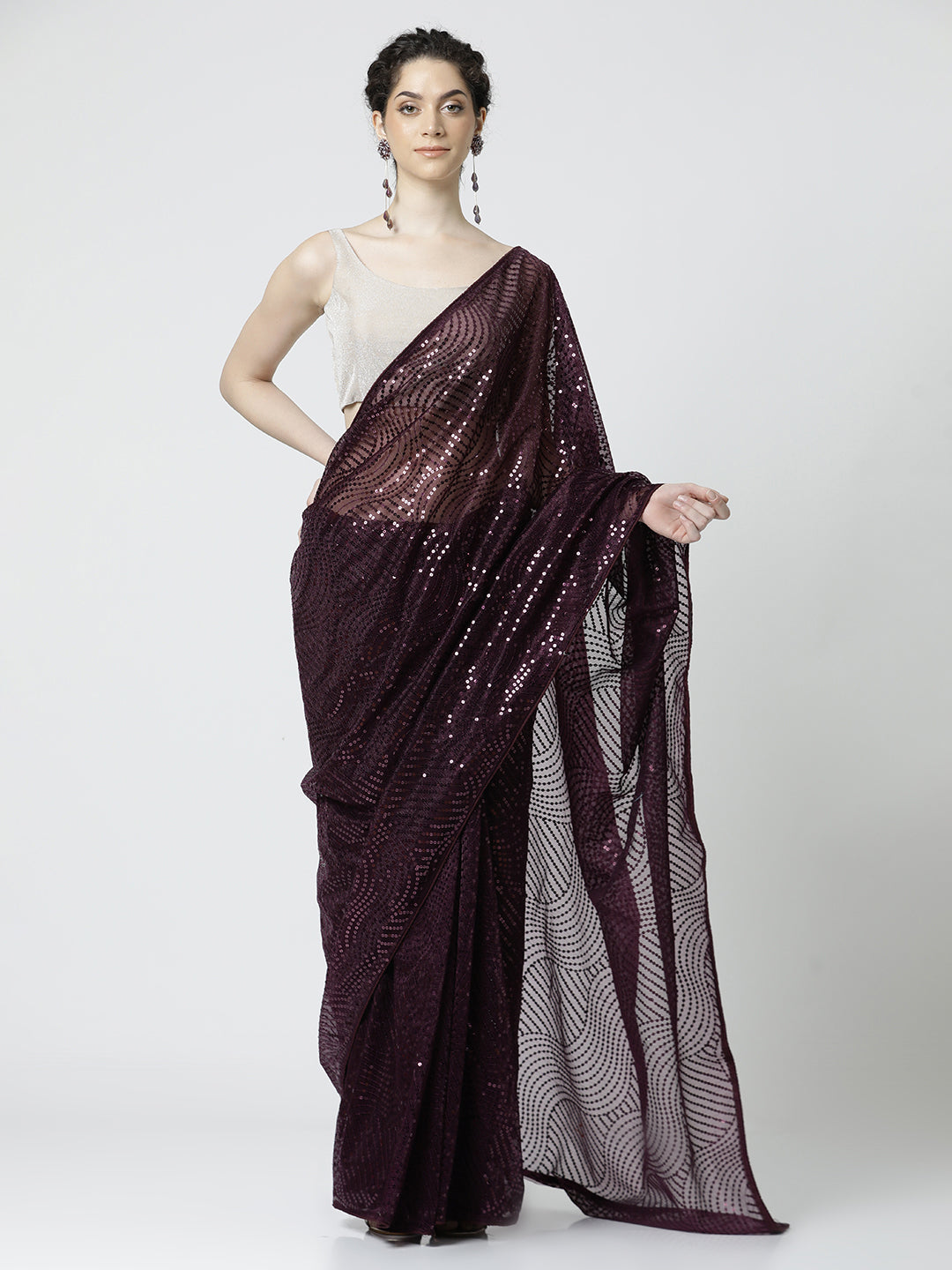 Purple Sequin Embellished Georgette Saree