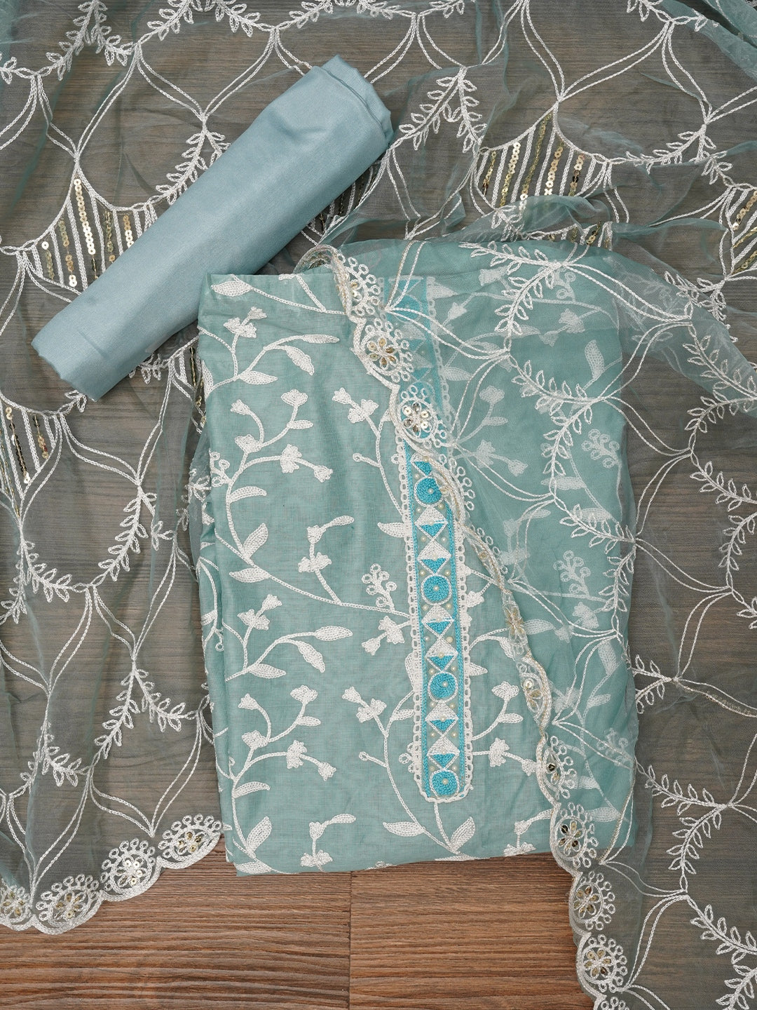 Sea Green Silk Blend Embroidered Dress Material with Dupatta