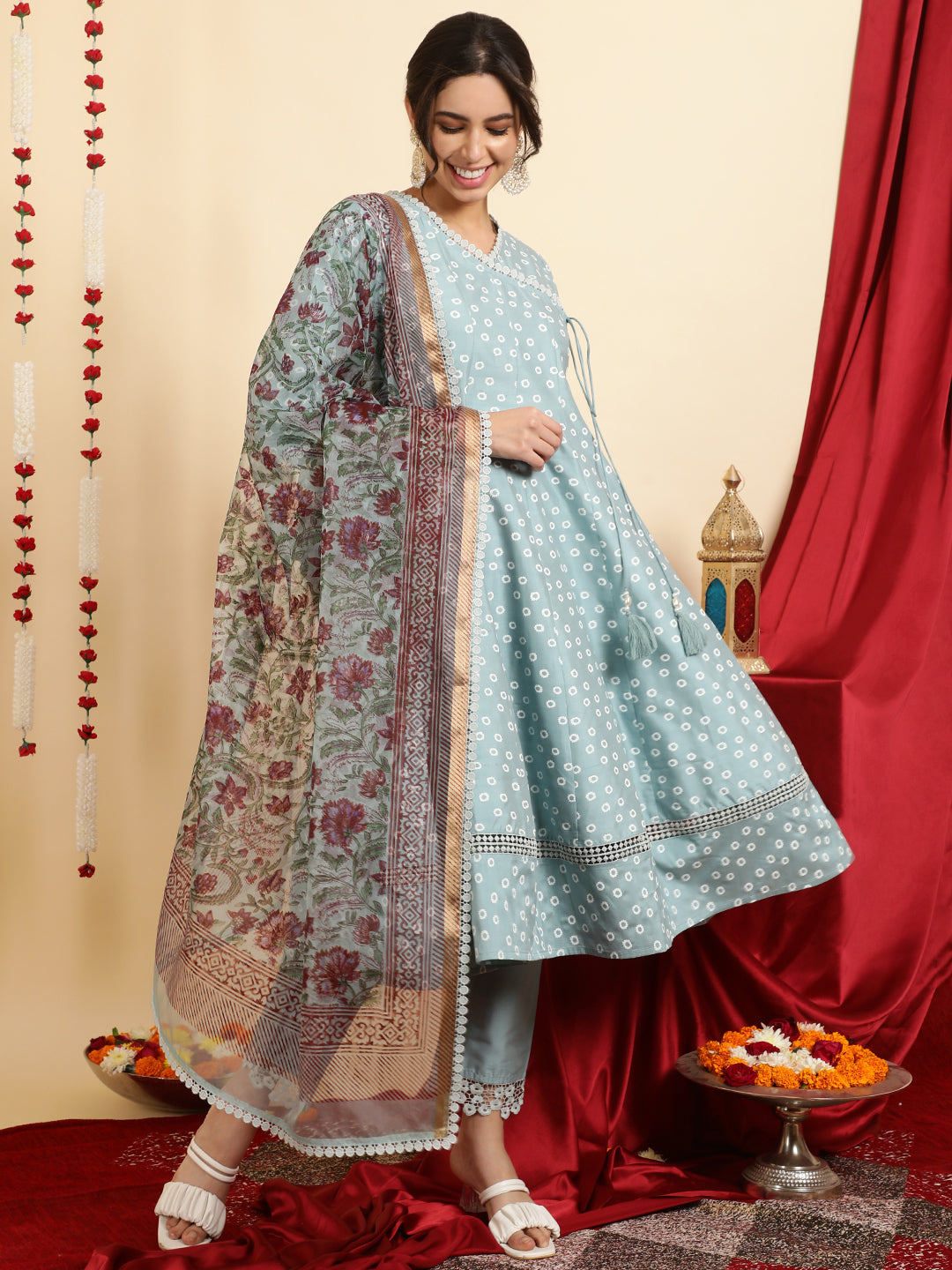 Festive Printed Anarkali Kurta Set With Handblock Dupatta