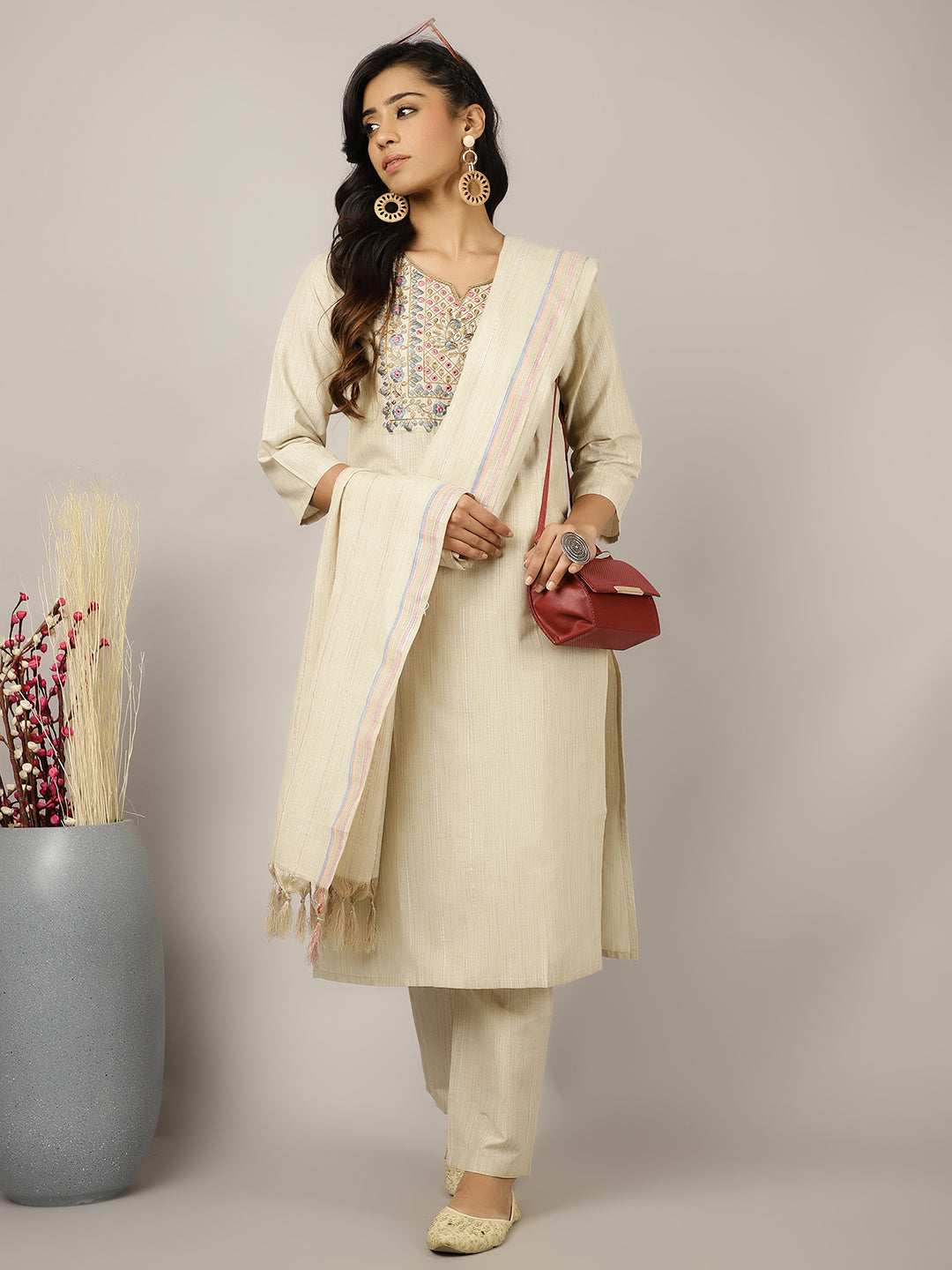 Beige Mirror Work Embroidered Festive Suit Set