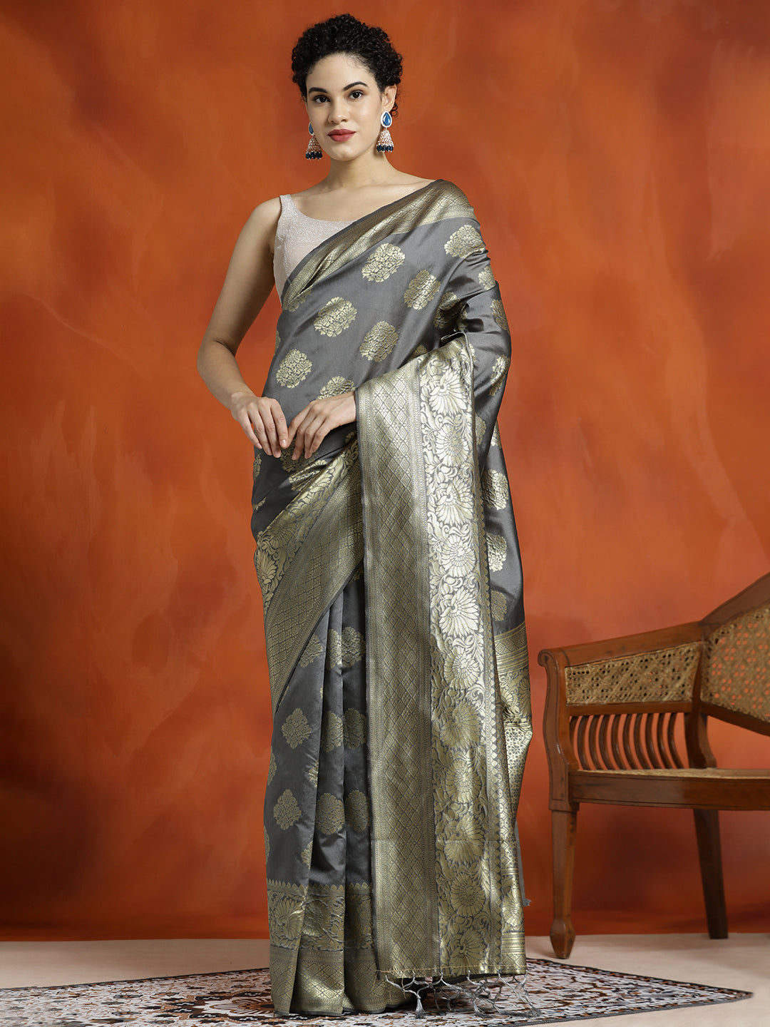 Grey Silk Blend Zari Woven Design Banarasi Saree