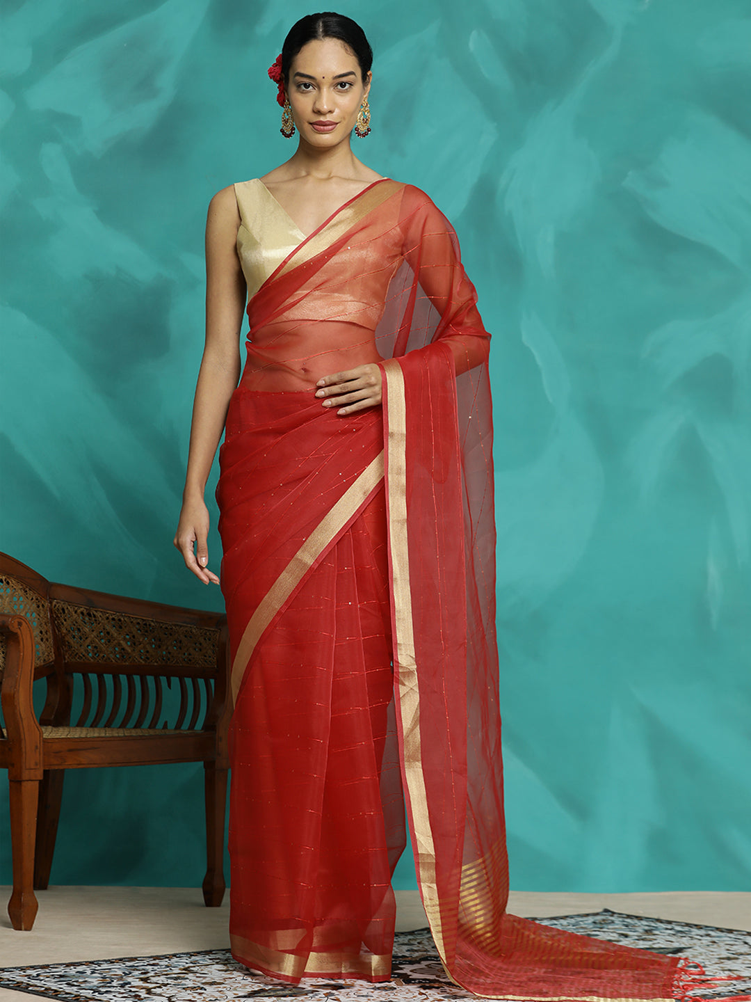 Red Sequin Embellished Organza Saree