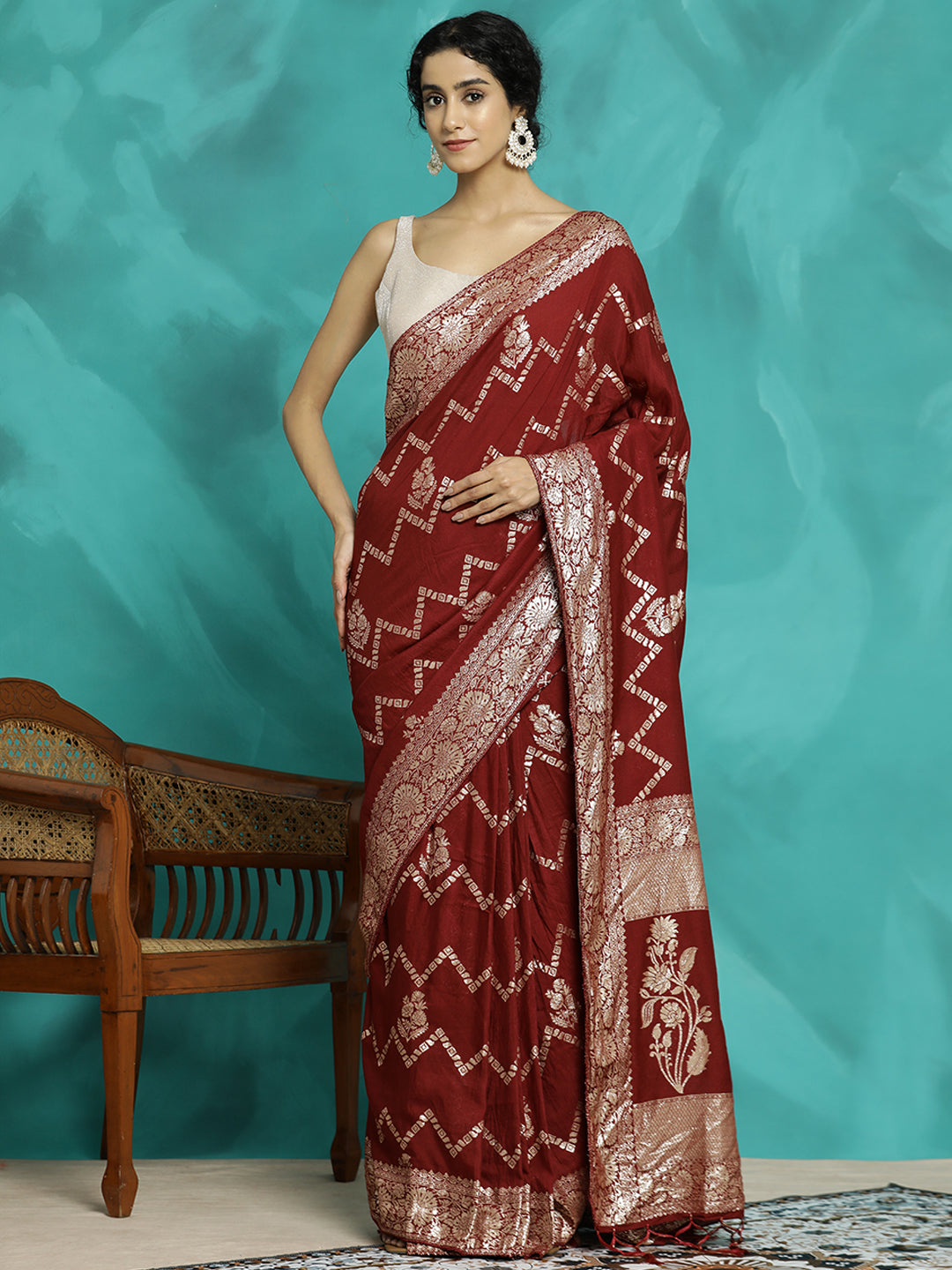 Maroon Heavy Banarasi Zari Woven Silk Blend Saree