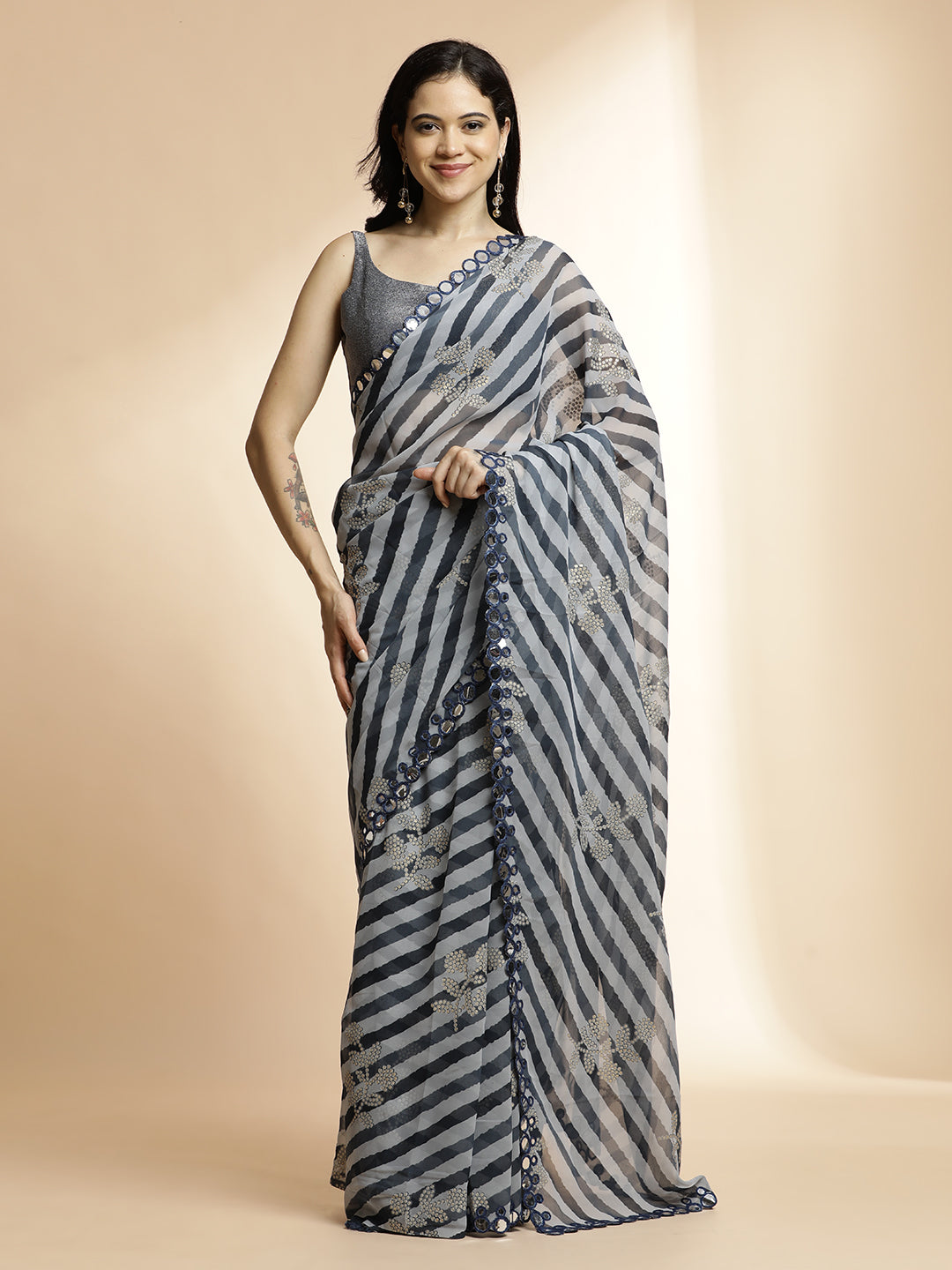 Grey Pure Georgette Leheriya Mirror Work Saree