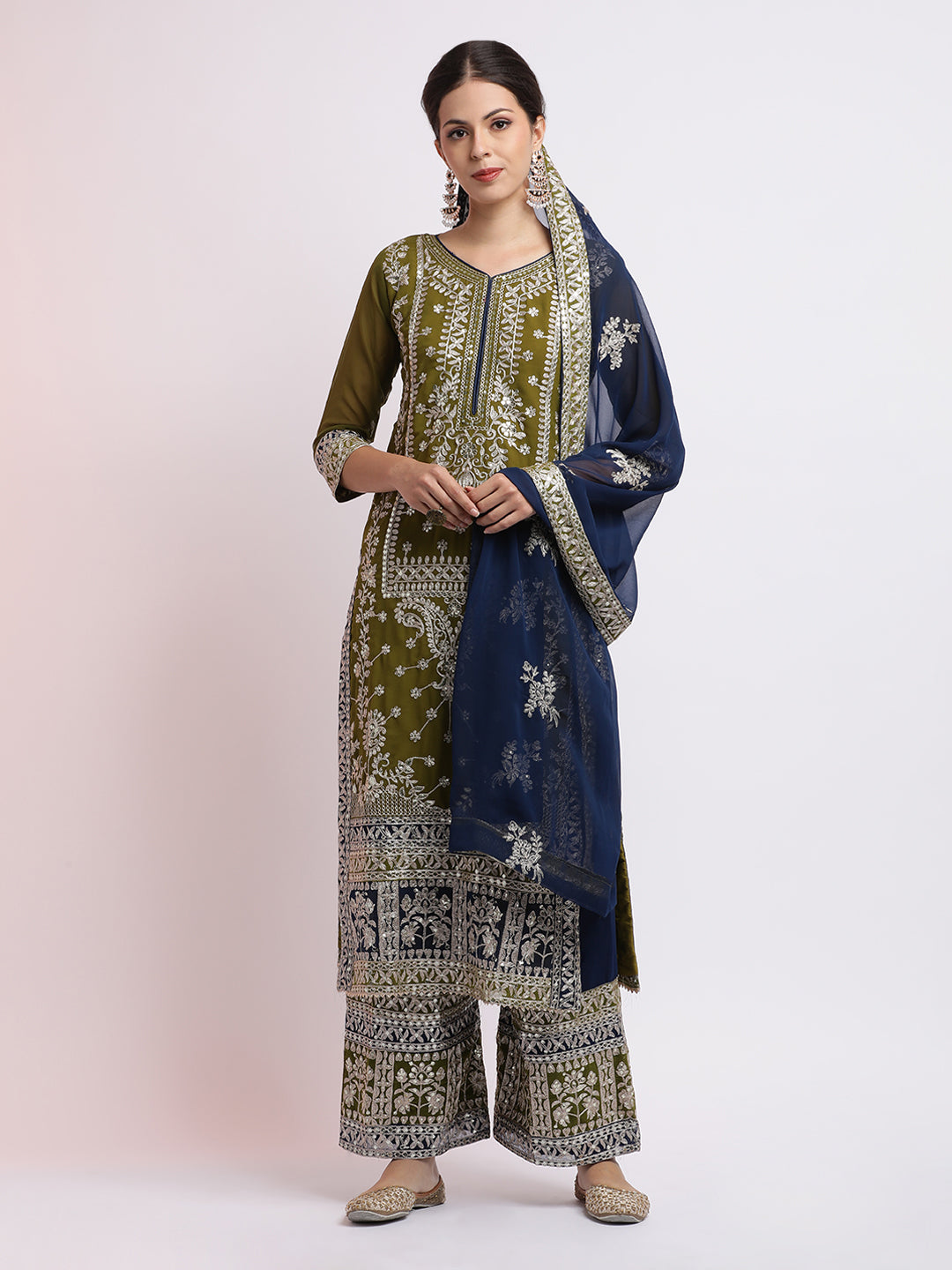 Olive Zari Embroidered Georgette Kurta Set With Dupatta