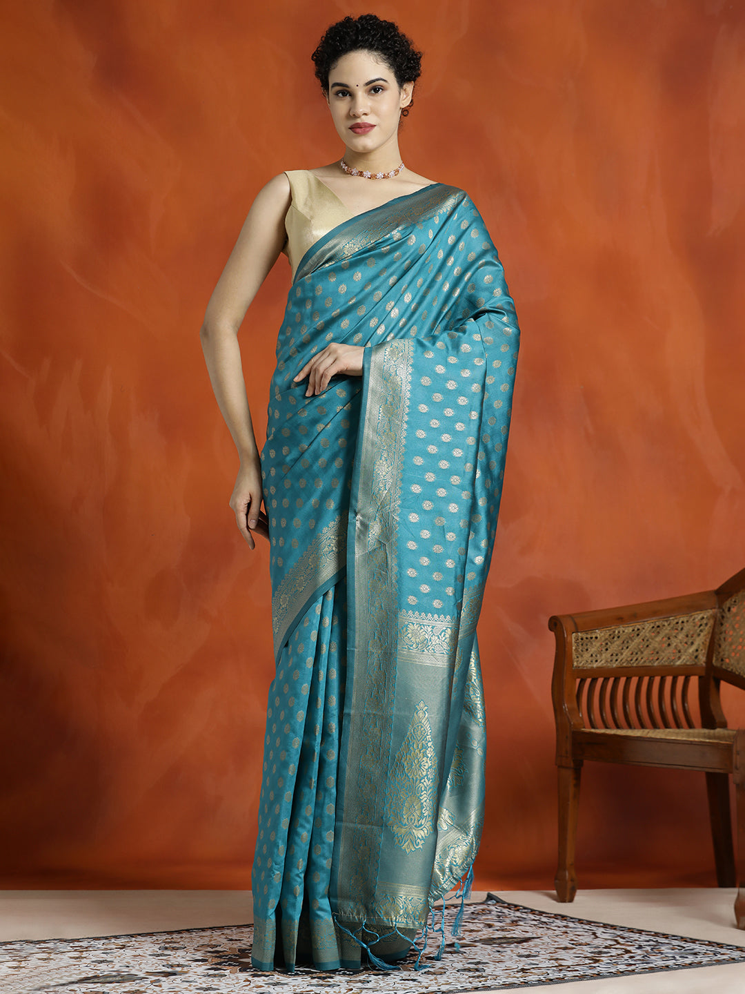 Teal Heavy Banarasi Zari Woven Silk Blend Saree