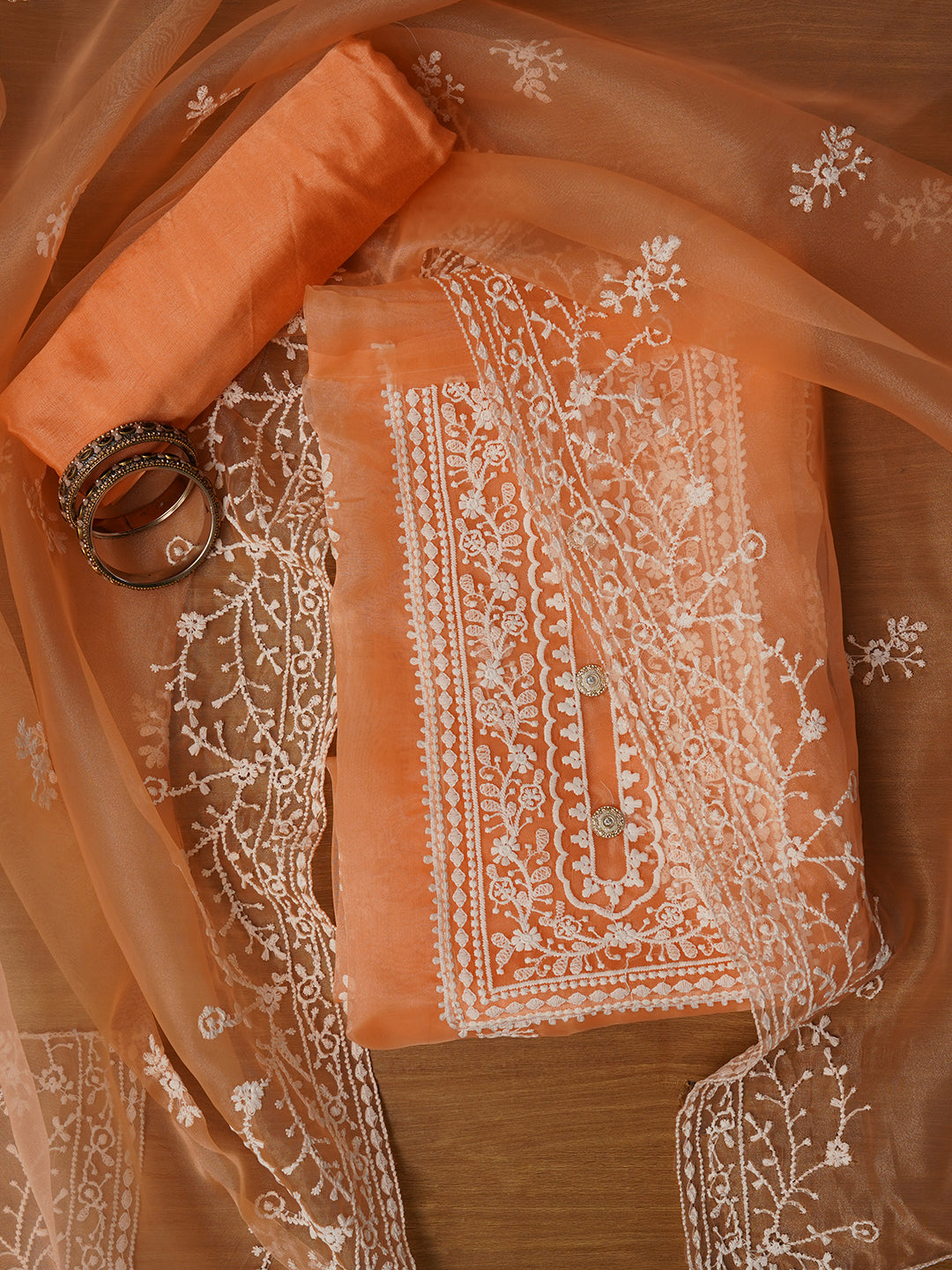 Unstitched Orange Embroidered Organza Dress Material With Dupatta