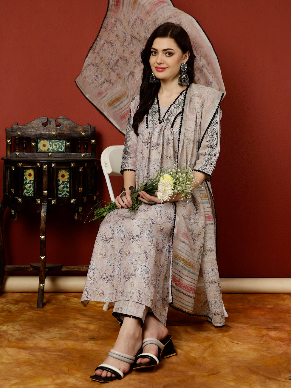 Beige Floral Digital Printed Embroidered Linen Suit Set