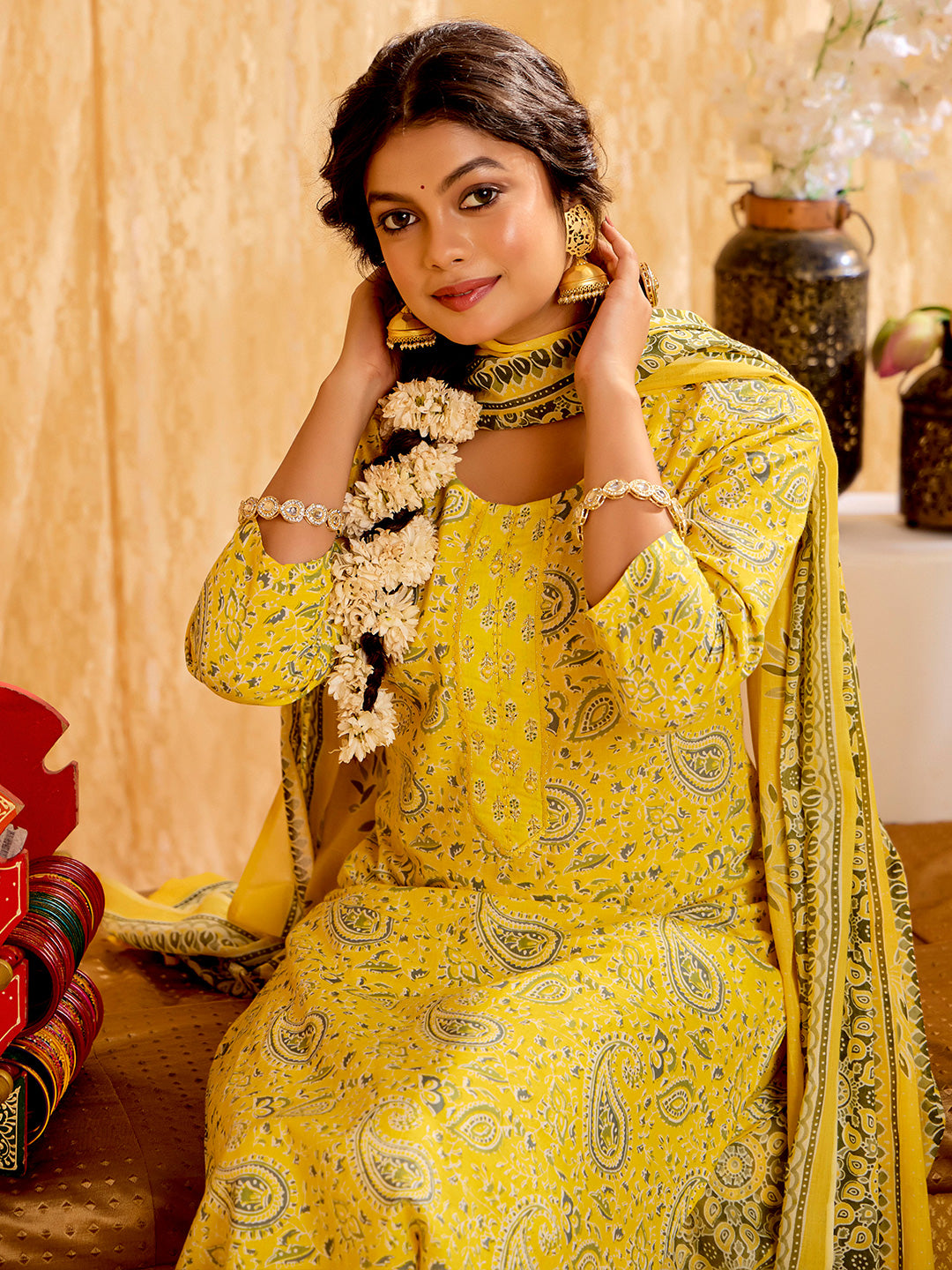 Yellow Ethnic Printed Pure Cotton Suit Set