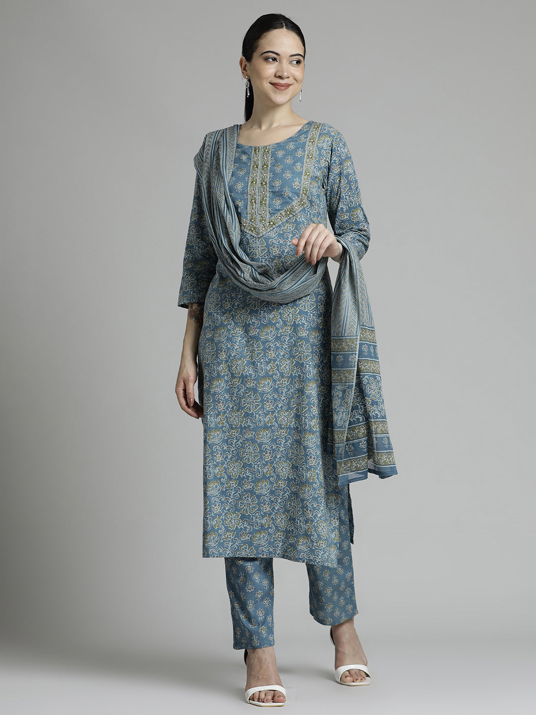 Ethnic Printed Cotton Kurta Set With Dupatta