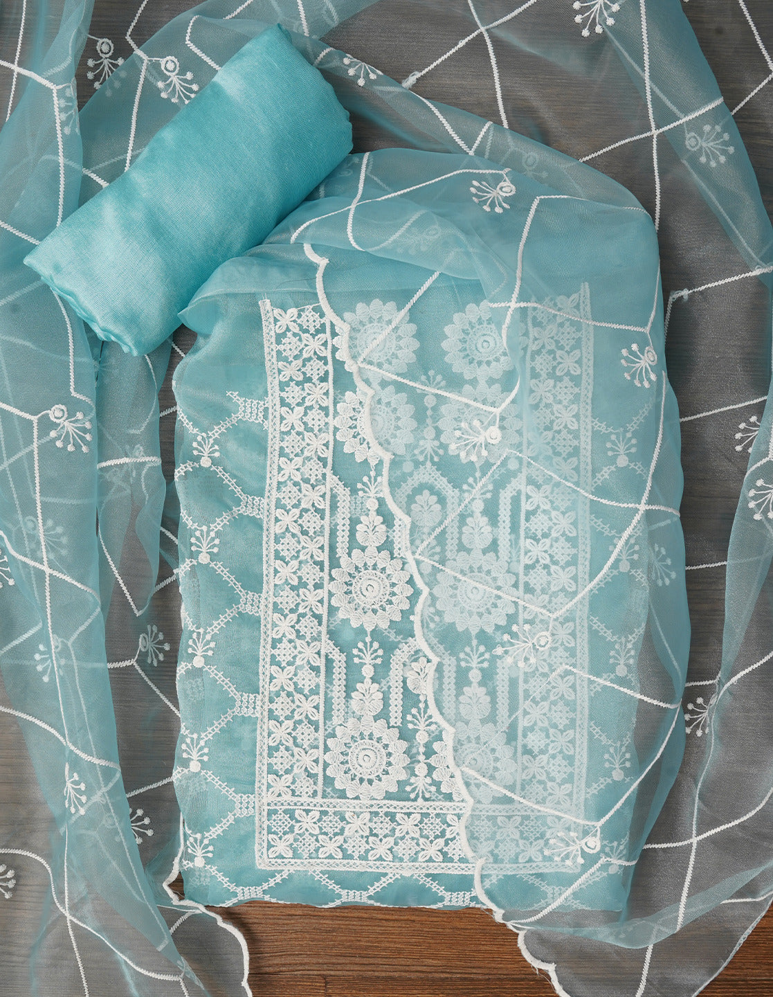 Blue Unstitched Embroidered Organza Dress Material With Dupatta