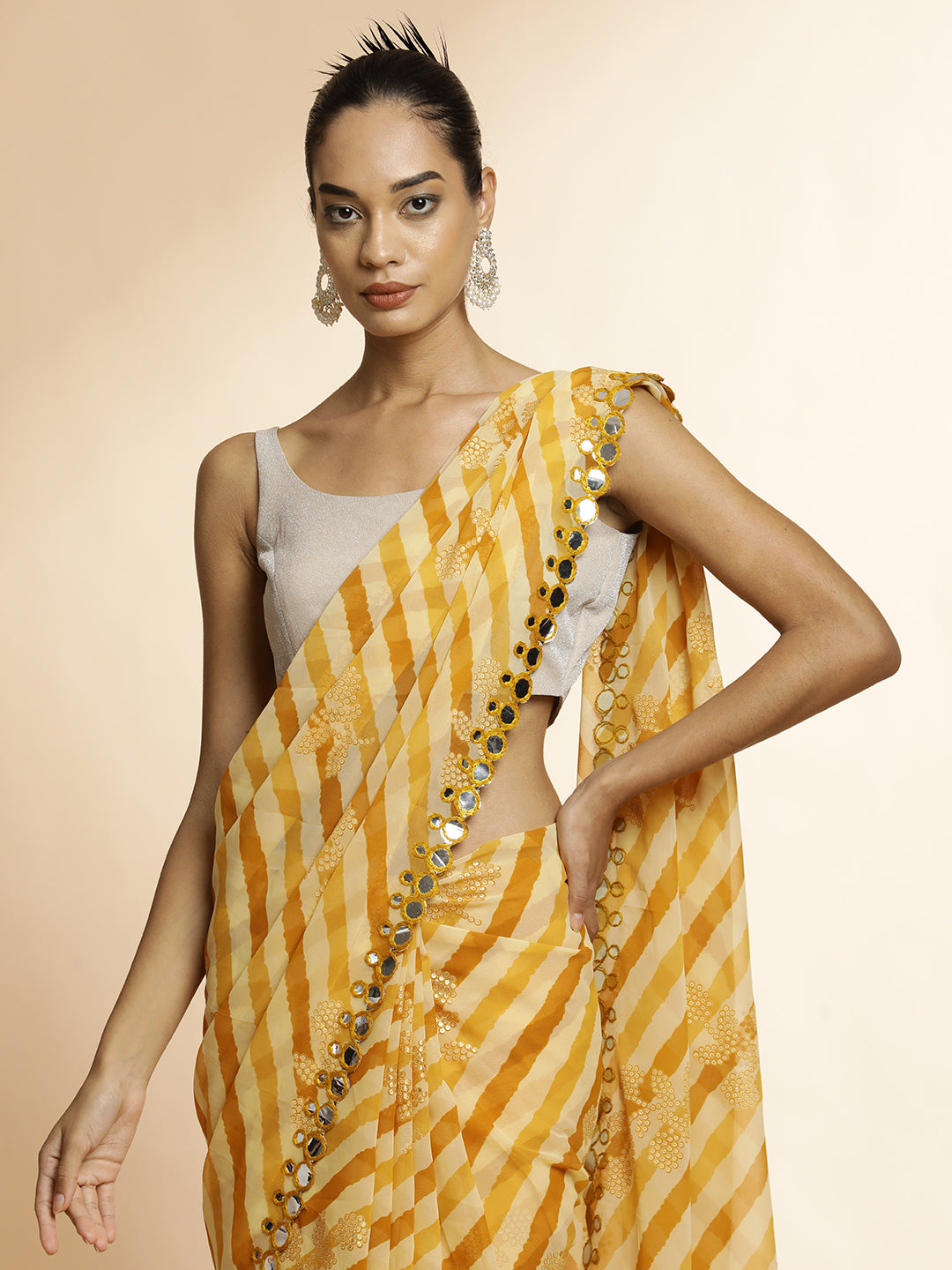 Pure Georgette Leheriya Mirror Work Yellow Saree