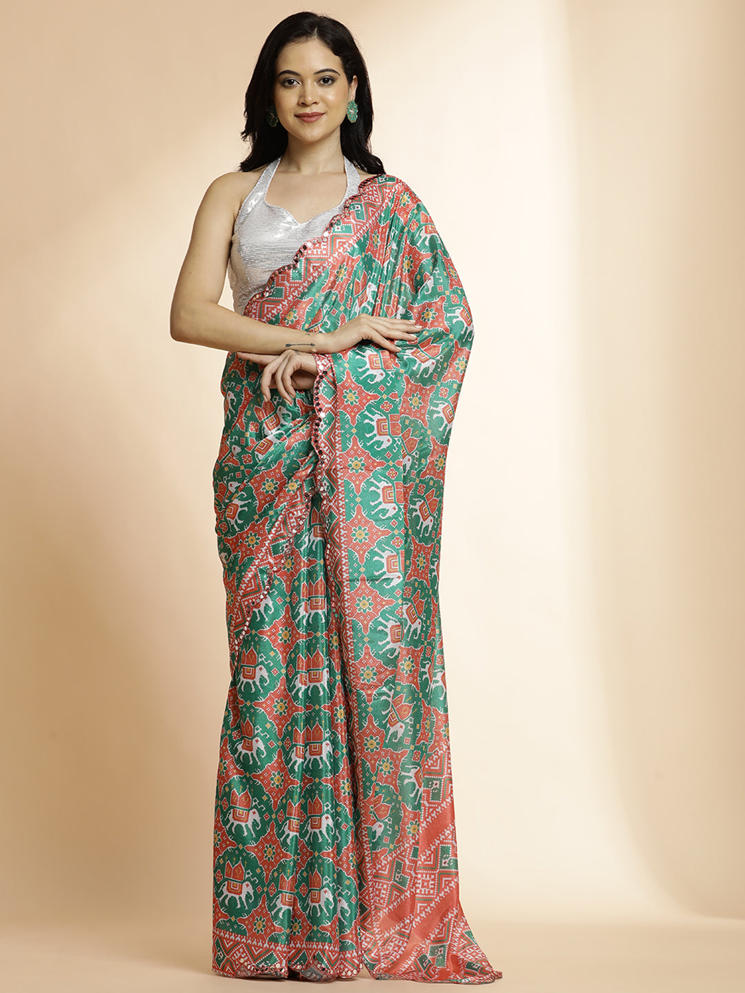 Orange Tie-Dye Printed Mirror Work Satin Saree